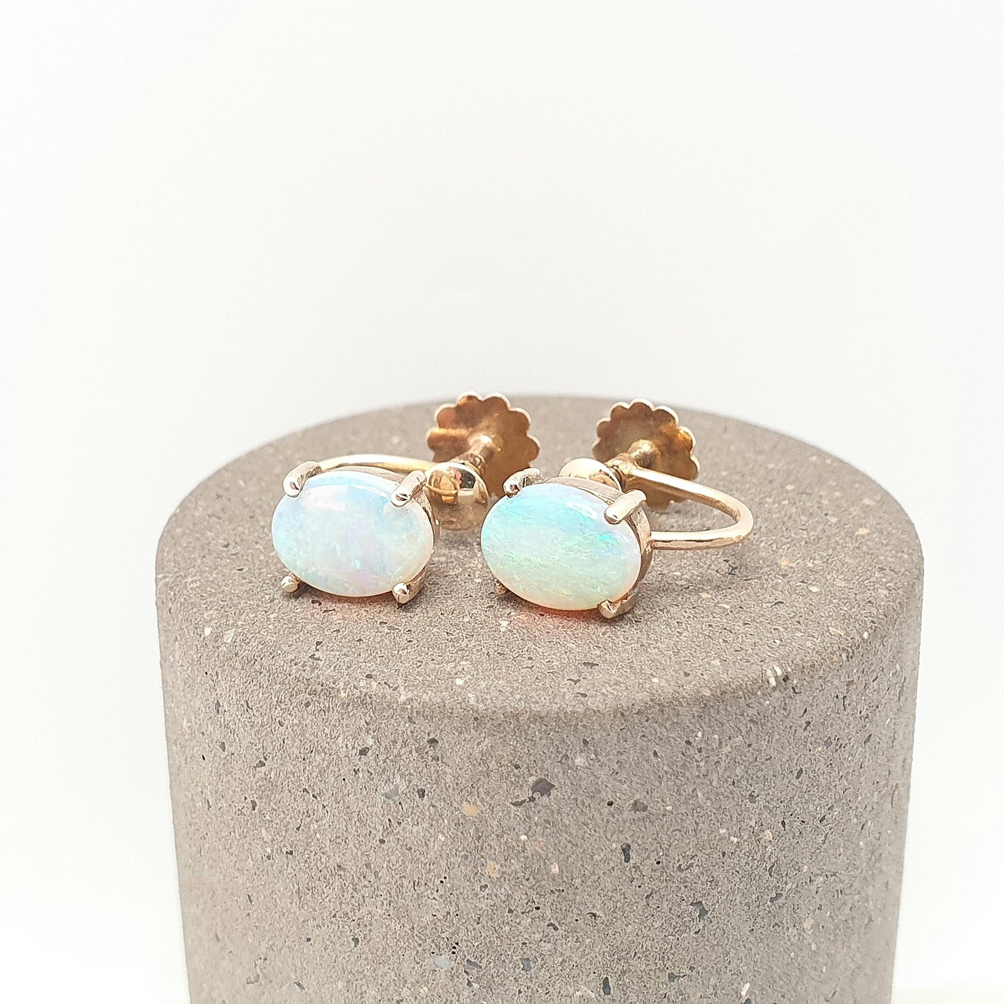 Antique Opal 9k 9ct Gold Earrings Translucent White Opals Solid 9 Carat 375 Oval Cut Cabochon Vintage Gemstone Womens Jewelry Jewellery