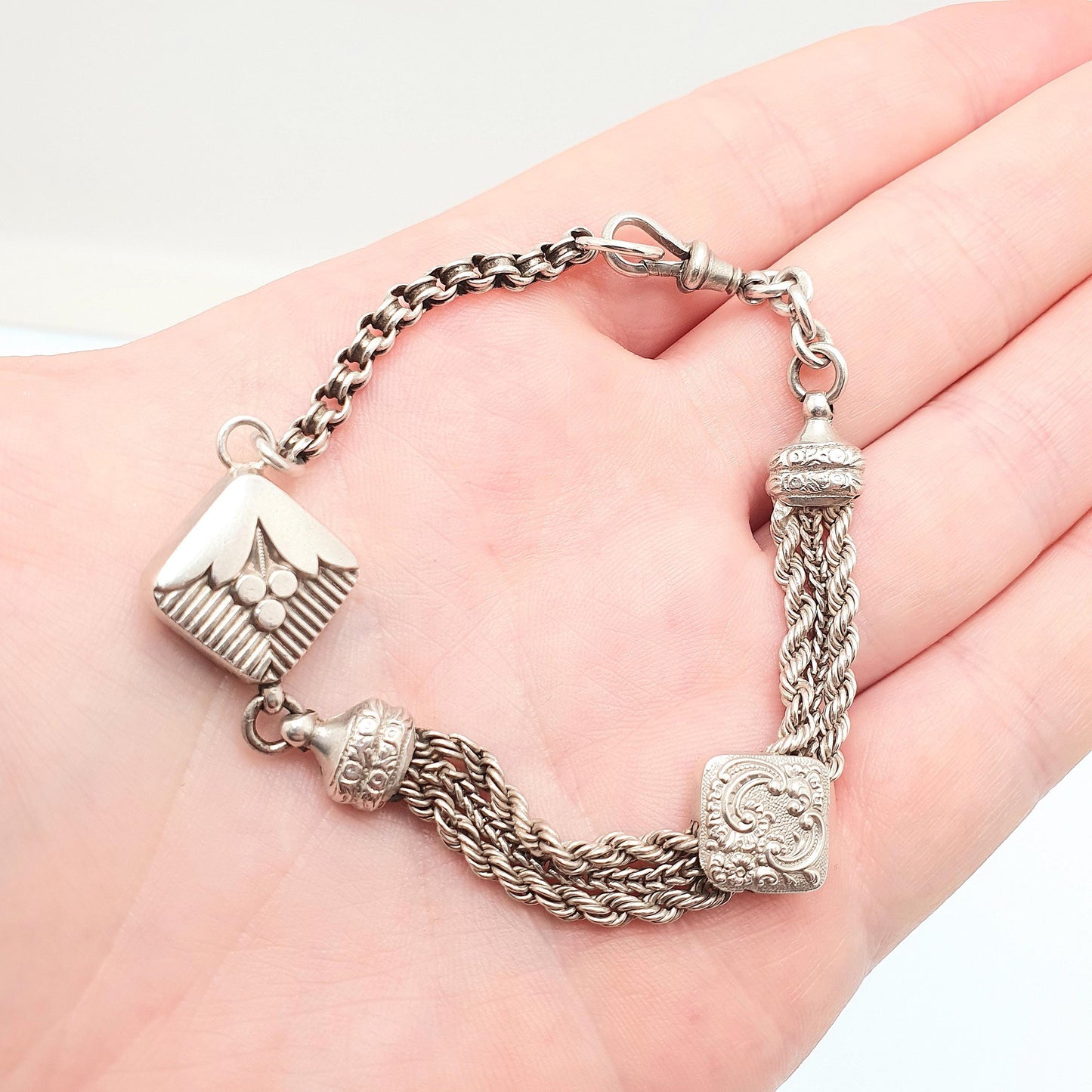 Antique Victorian Solid Silver Albertina Bracelet Dog Clip Belcher Rope Link Square 13.29g 19.5cm Aesthetic Vintage Gift Jewelry Jewellery