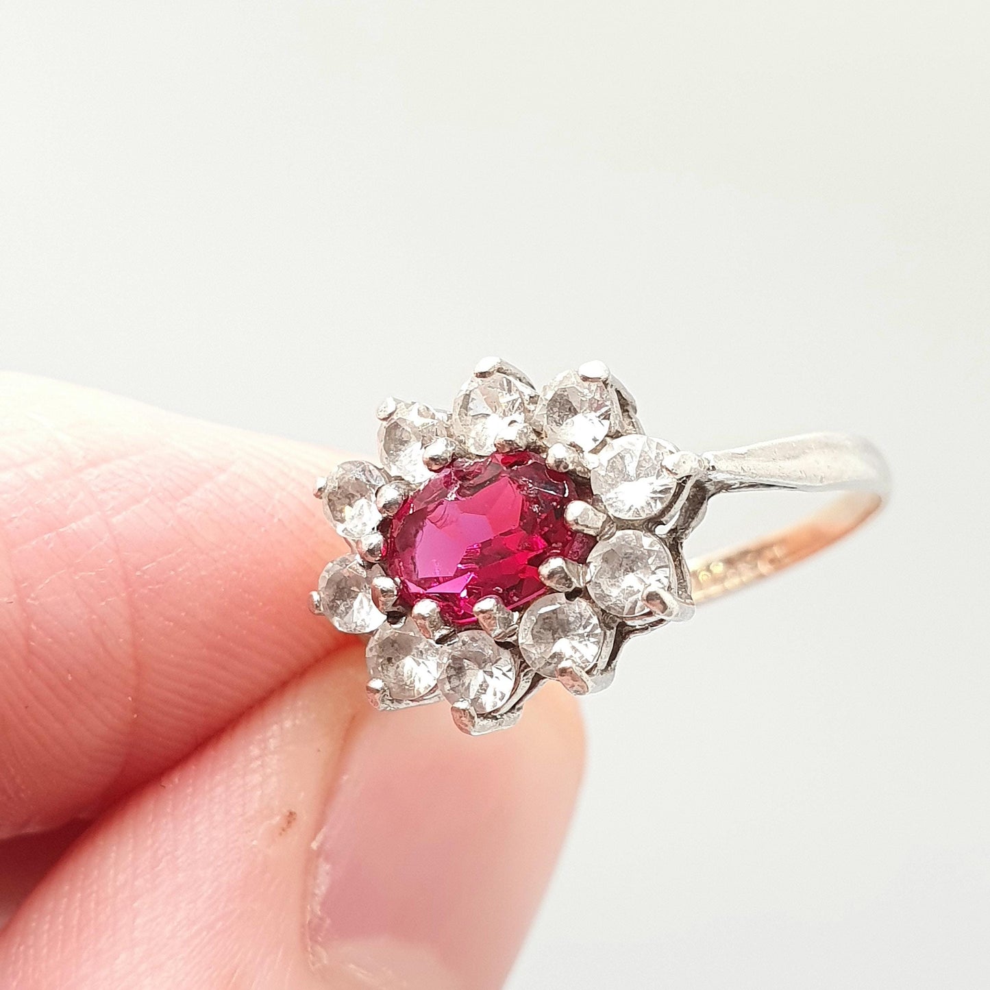 Antique 9ct Gold Ruby Paste Ring Art Deco White Spinel Sterling Silver & Solid 9k 375 1920s Vintage Cocktail Ladies Womens