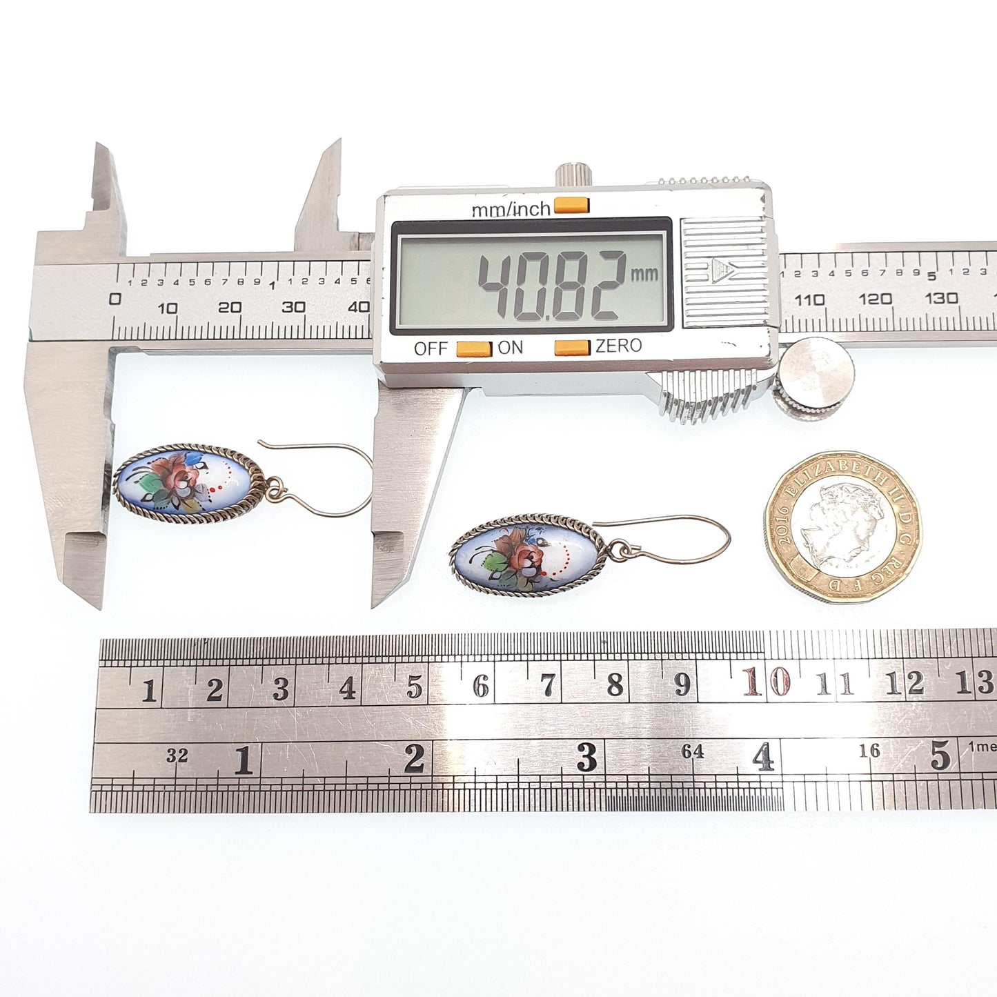 Antique Victorian Hand Painted Earrings Flower Drop Hook Dangle Silver Tone Base Metal Blue White Unique Vintage Jewelry Jewellery