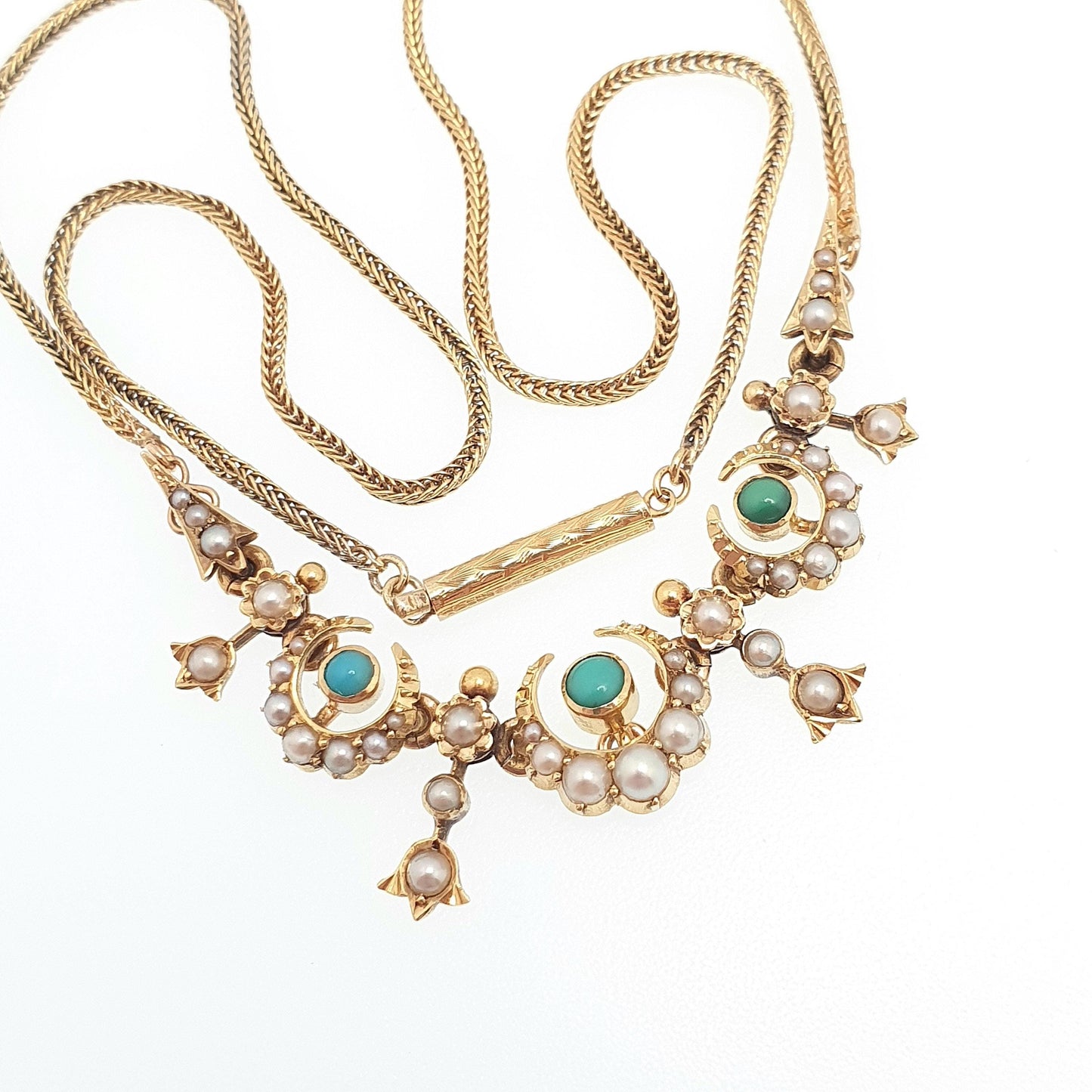 Antique Victorian 14k Gold Turquoise & Pearl Necklace Solid 14kt 585 Crescent Moon Celestial Gemstone Vintage Womens Jewellery Jewelry