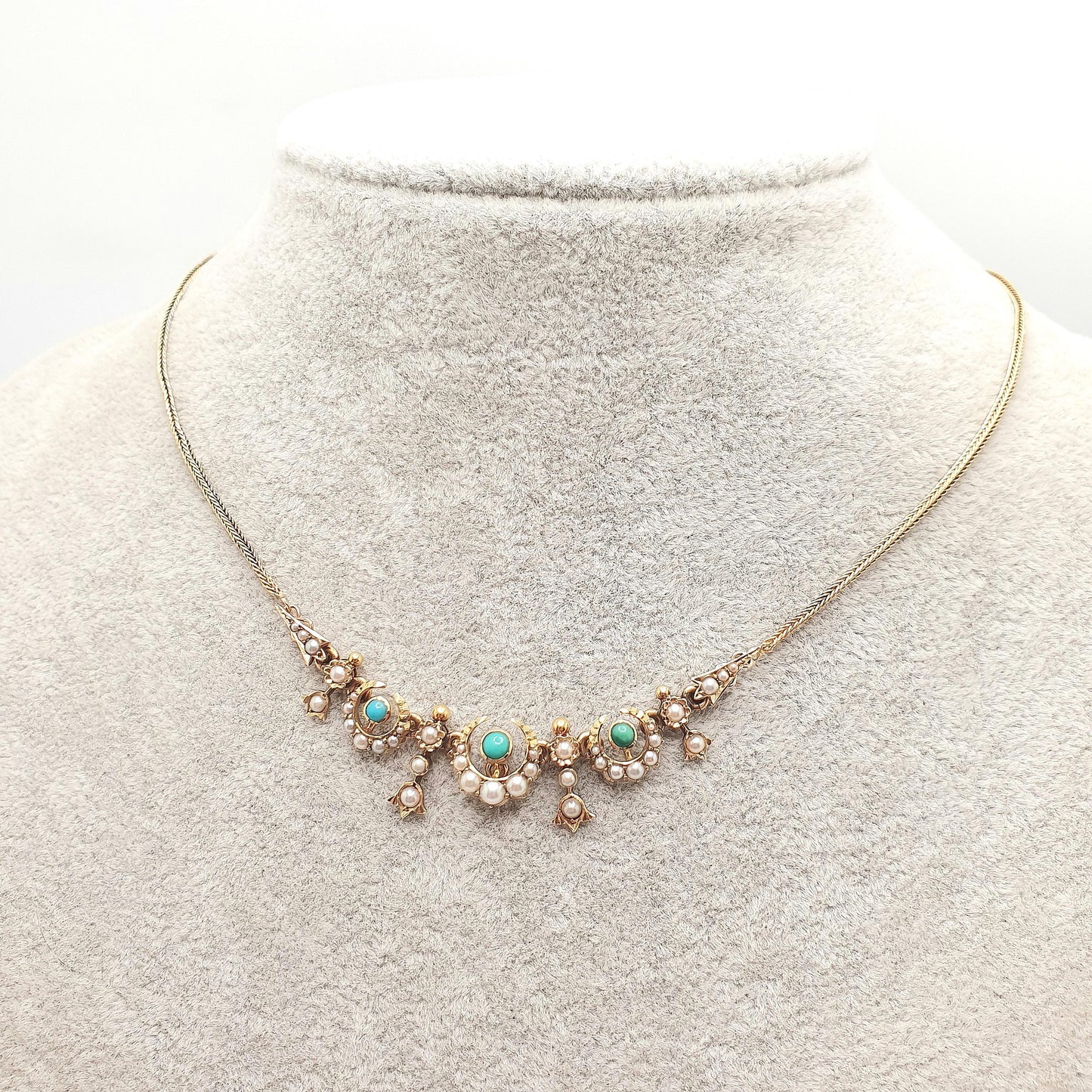 Antique Victorian 14k Gold Turquoise & Pearl Necklace Solid 14kt 585 Crescent Moon Celestial Gemstone Vintage Womens Jewellery Jewelry