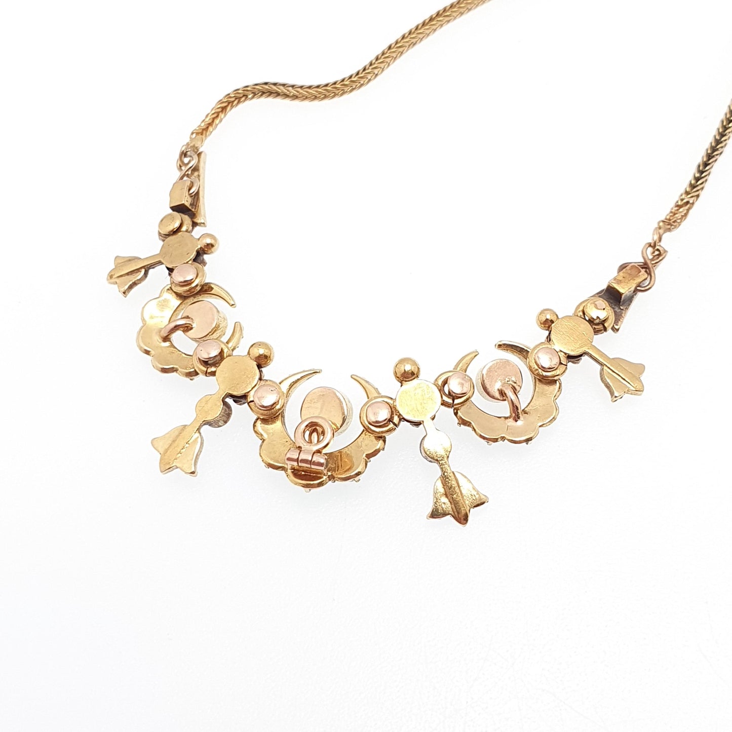 Antique Victorian 14k Gold Turquoise & Pearl Necklace Solid 14kt 585 Crescent Moon Celestial Gemstone Vintage Womens Jewellery Jewelry