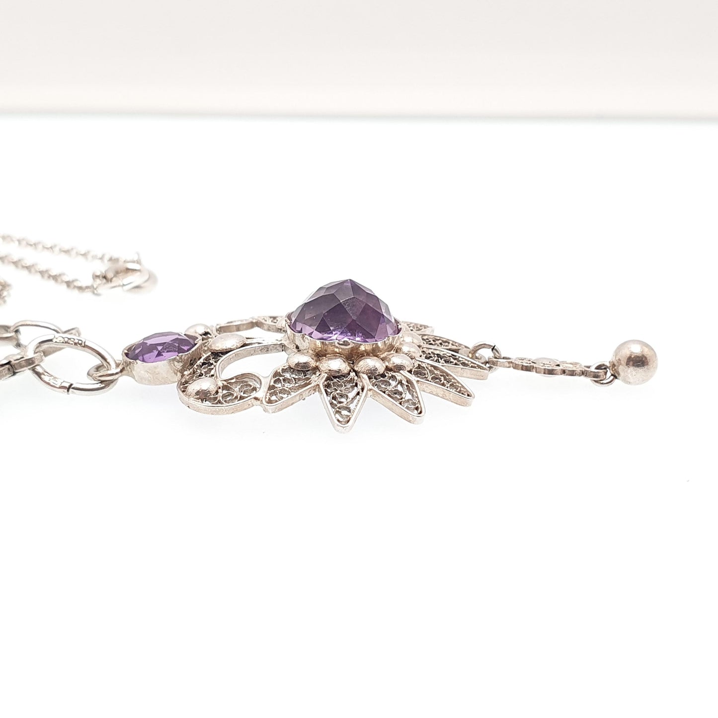 Old Vintage Amethyst Solid Silver Filigree Necklace Handmade Genuine Gemstone Long Length 59cm 23.2" Fine Womens Jewelry Jewellery