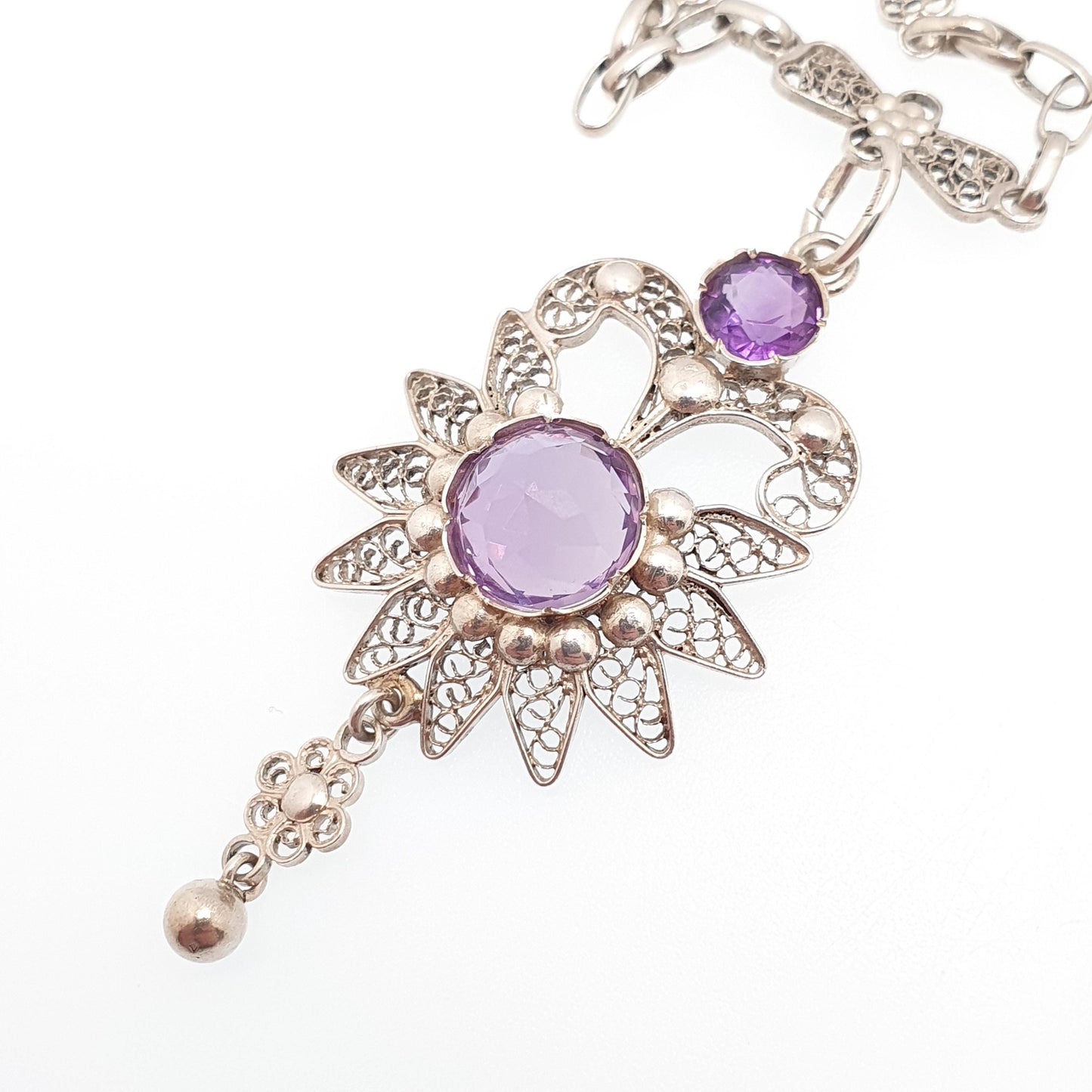 Old Vintage Amethyst Solid Silver Filigree Necklace Handmade Genuine Gemstone Long Length 59cm 23.2" Fine Womens Jewelry Jewellery