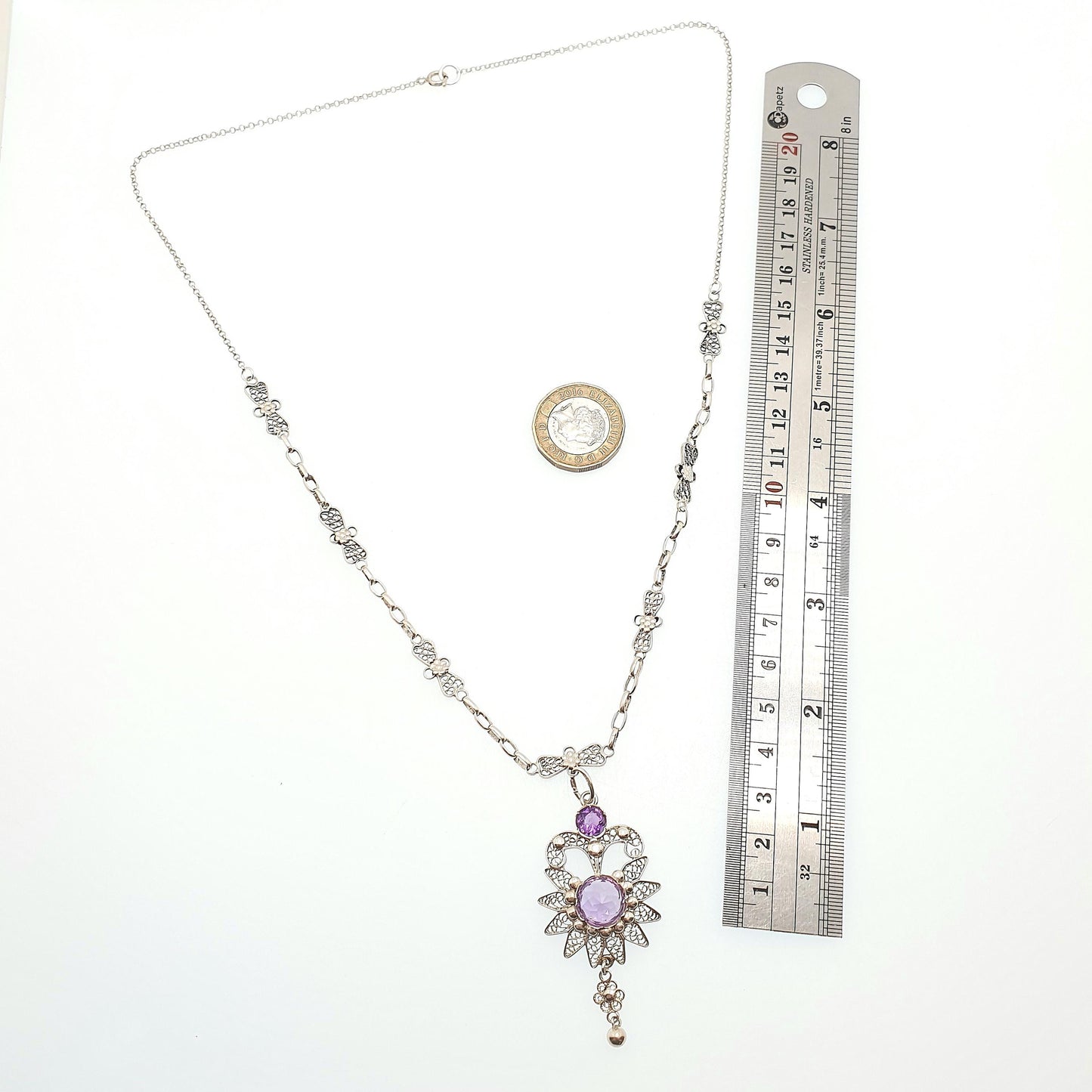 Old Vintage Amethyst Solid Silver Filigree Necklace Handmade Genuine Gemstone Long Length 59cm 23.2" Fine Womens Jewelry Jewellery