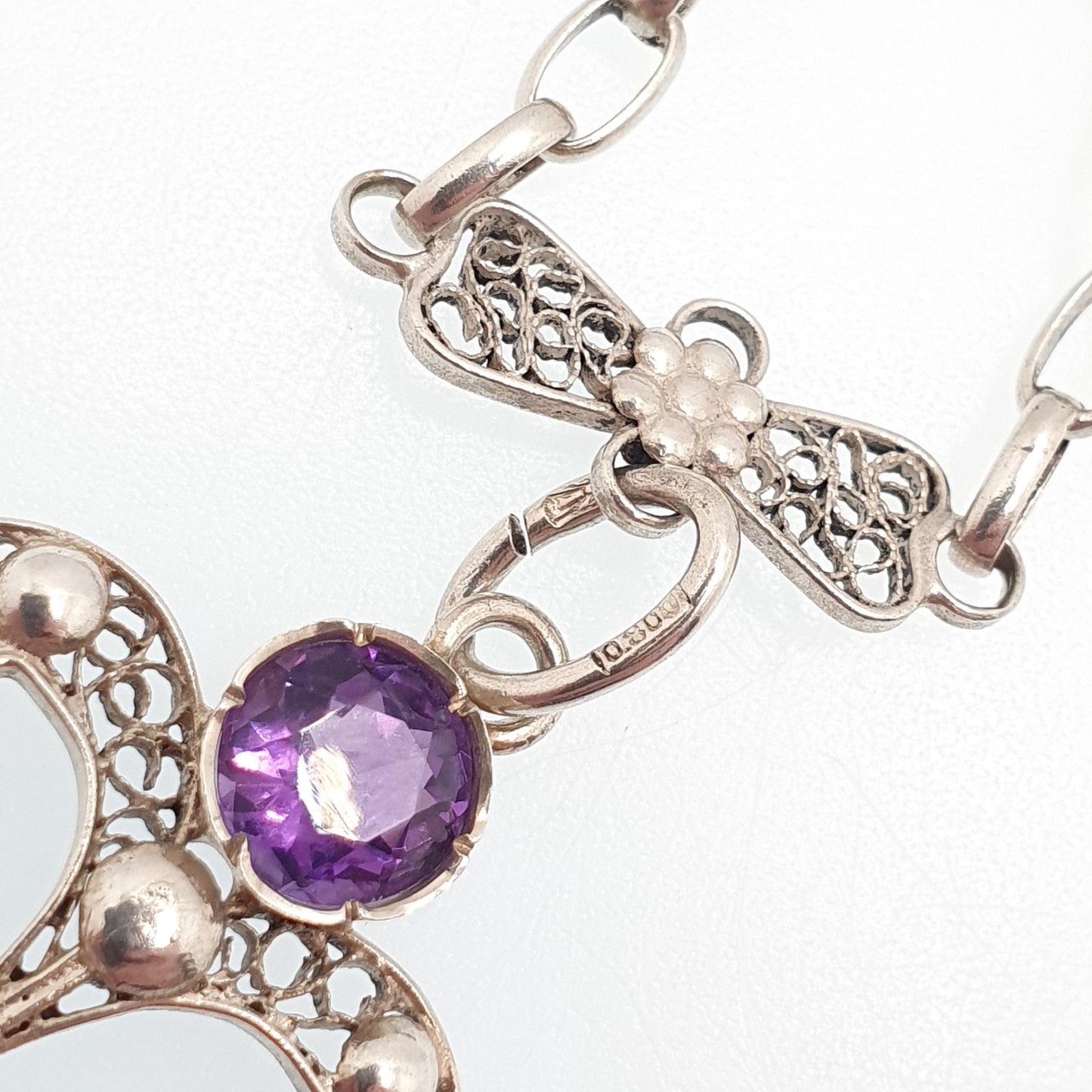 Old Vintage Amethyst Solid Silver Filigree Necklace Handmade Genuine Gemstone Long Length 59cm 23.2" Fine Womens Jewelry Jewellery