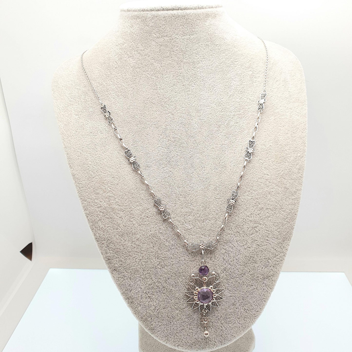 Old Vintage Amethyst Solid Silver Filigree Necklace Handmade Genuine Gemstone Long Length 59cm 23.2" Fine Womens Jewelry Jewellery