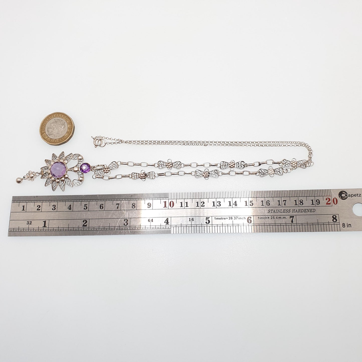 Old Vintage Amethyst Solid Silver Filigree Necklace Handmade Genuine Gemstone Long Length 59cm 23.2" Fine Womens Jewelry Jewellery