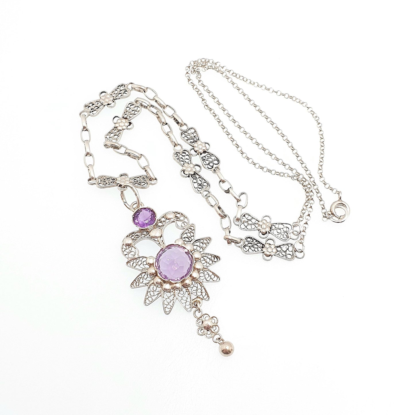 Old Vintage Amethyst Solid Silver Filigree Necklace Handmade Genuine Gemstone Long Length 59cm 23.2" Fine Womens Jewelry Jewellery