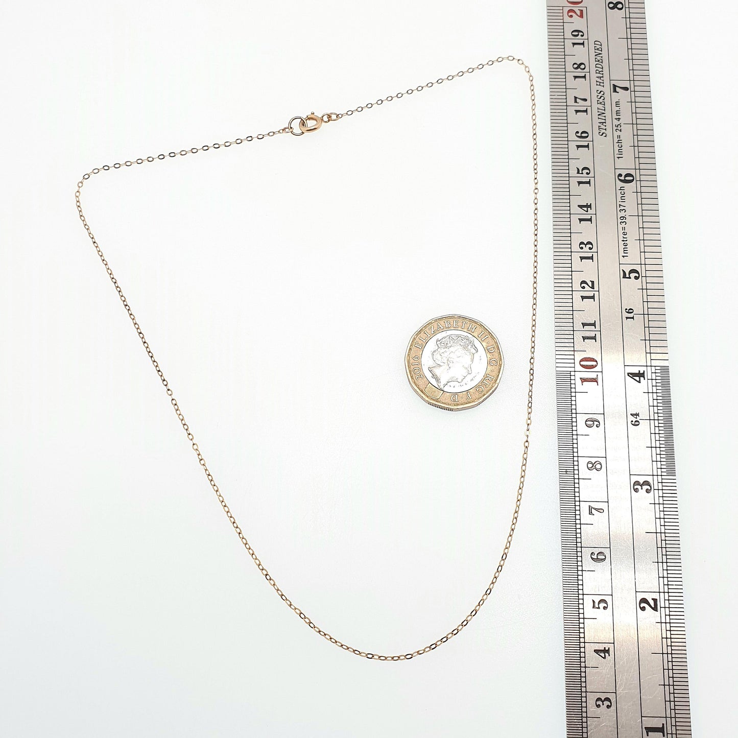 Antique 9ct 9k Gold Chain Necklace Trace Cable Link Solid 375 44cm 17.3" 1.74g Fine Dark Yellow Estate Vintage Womens Jewelry Jewellery