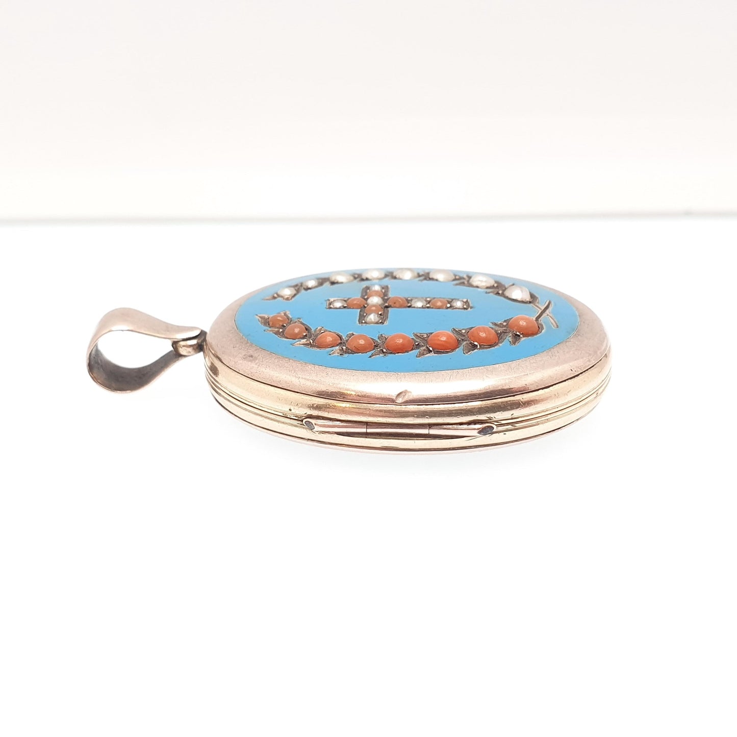 Antique Victorian 9ct 9k Gold Locket Coral & Seed Pearl Sky Blue Enamel Necklace Pendant Large Big Solid Back Front Jewelry Jewellery