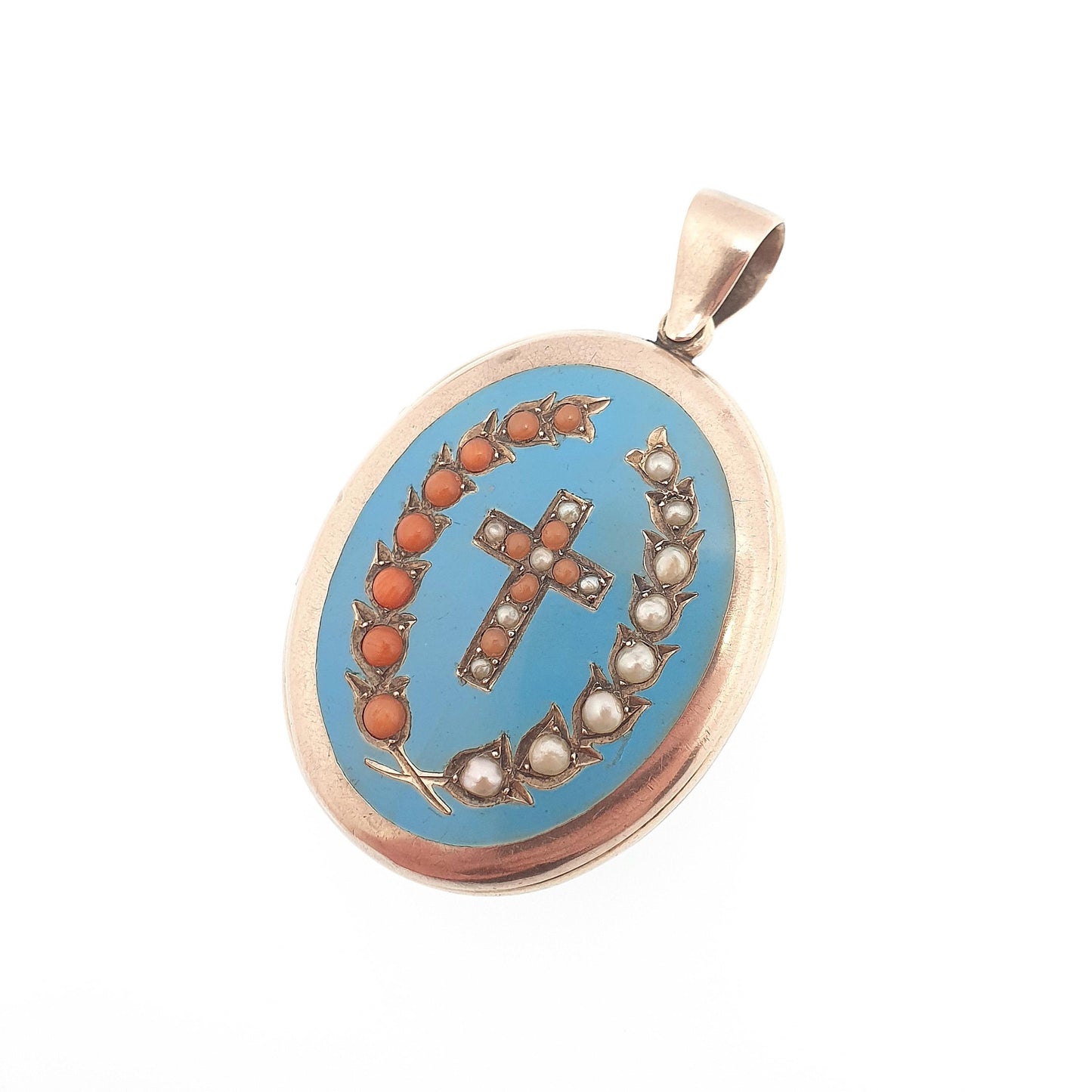 Antique Victorian 9ct 9k Gold Locket Coral & Seed Pearl Sky Blue Enamel Necklace Pendant Large Big Solid Back Front Jewelry Jewellery