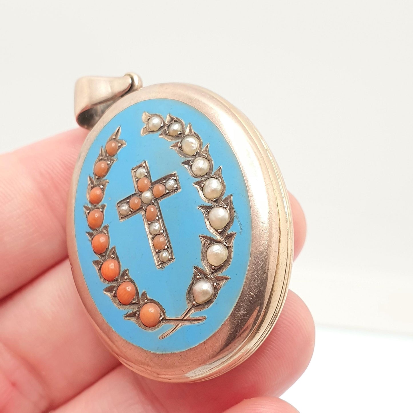 Antique Victorian 9ct 9k Gold Locket Coral & Seed Pearl Sky Blue Enamel Necklace Pendant Large Big Solid Back Front Jewelry Jewellery