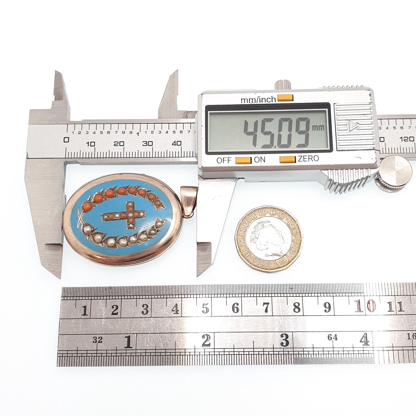 Antique Victorian 9ct 9k Gold Locket Coral & Seed Pearl Sky Blue Enamel Necklace Pendant Large Big Solid Back Front Jewelry Jewellery