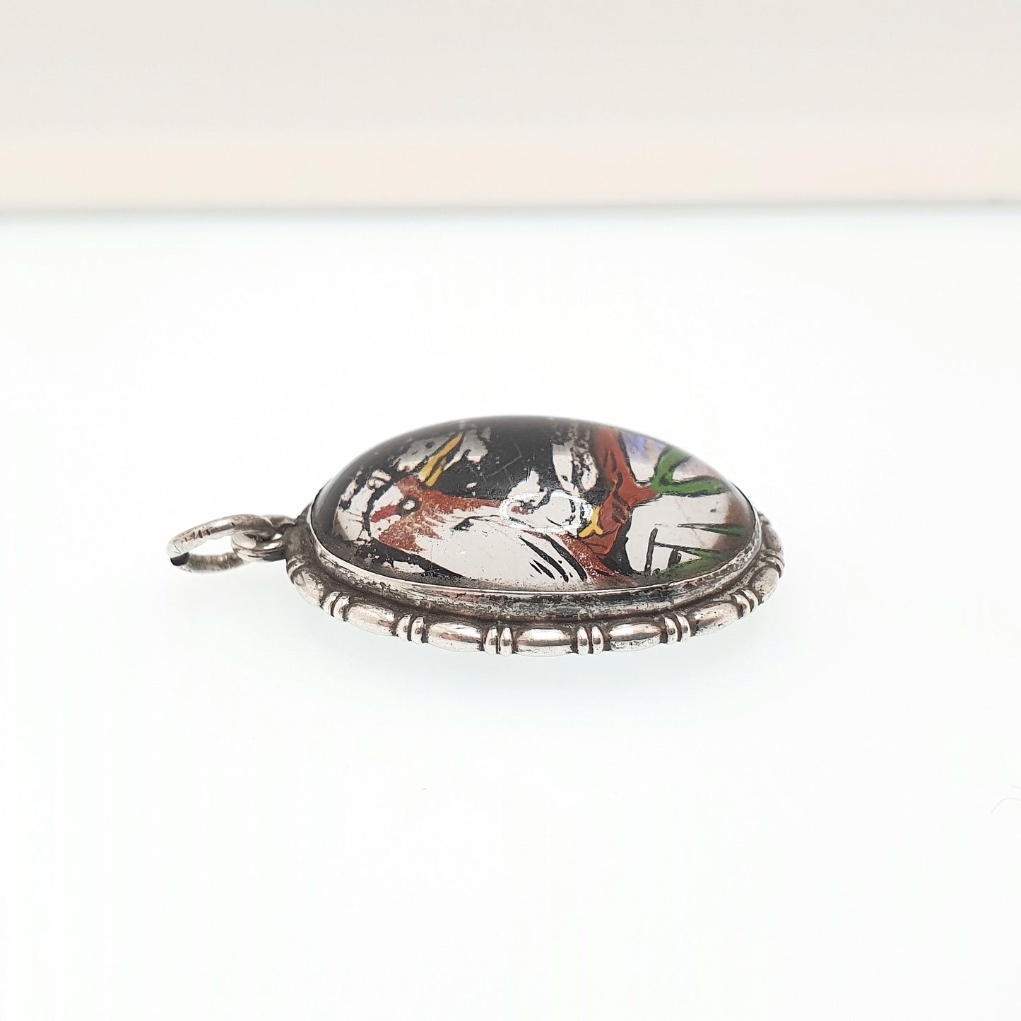 Antique Solid Silver Butterfly Wing Pendant Kingfisher Bird Painted Art Deco 1920s Necklace Morpho England 1920s Vintage Womens Jewelry