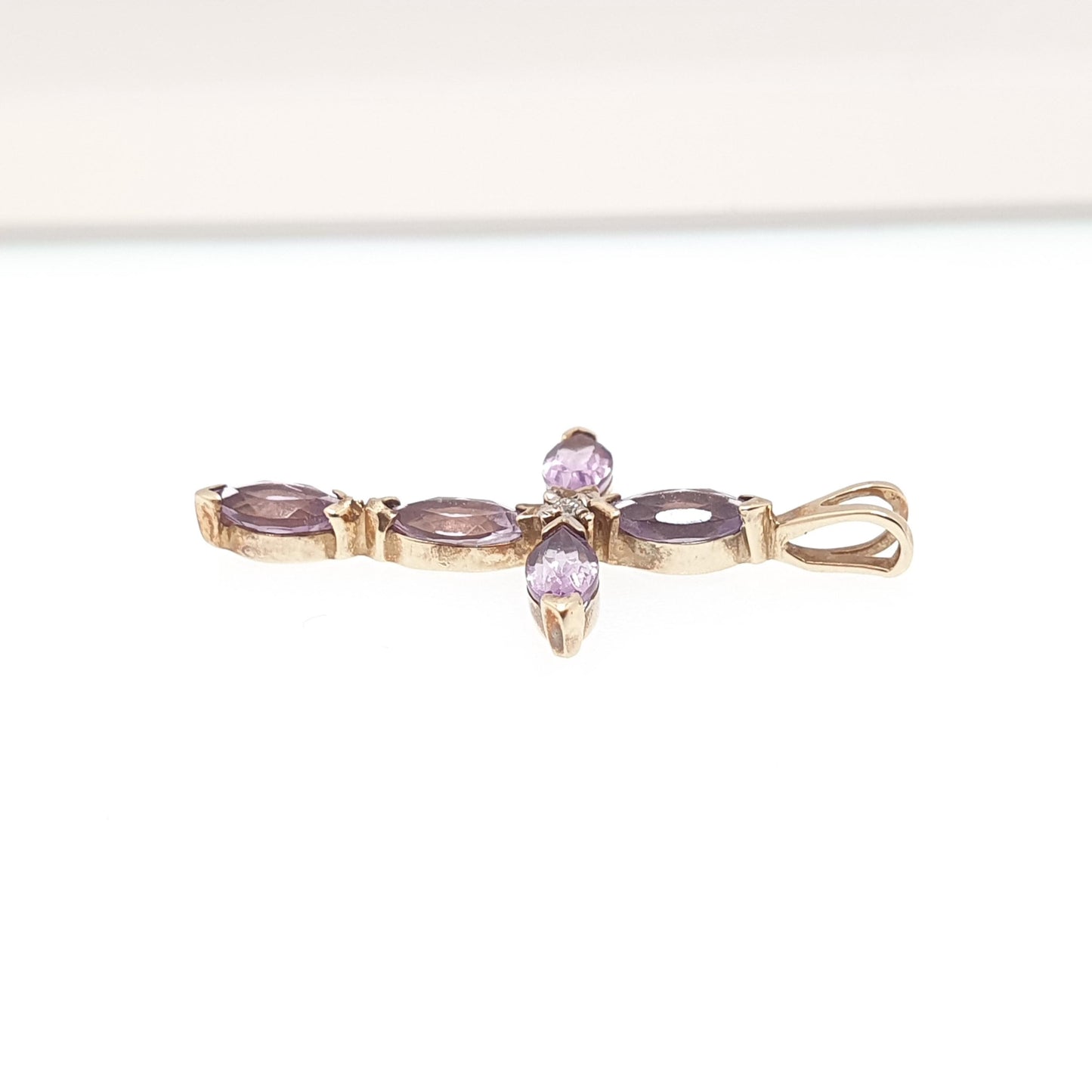 Vintage 9ct 9k Gold Amethyst & Diamond Cross Necklace Crucifix Pendant Solid 9k 375 Retro Genuine Real Gemstone Womens Jewellery Jewelry