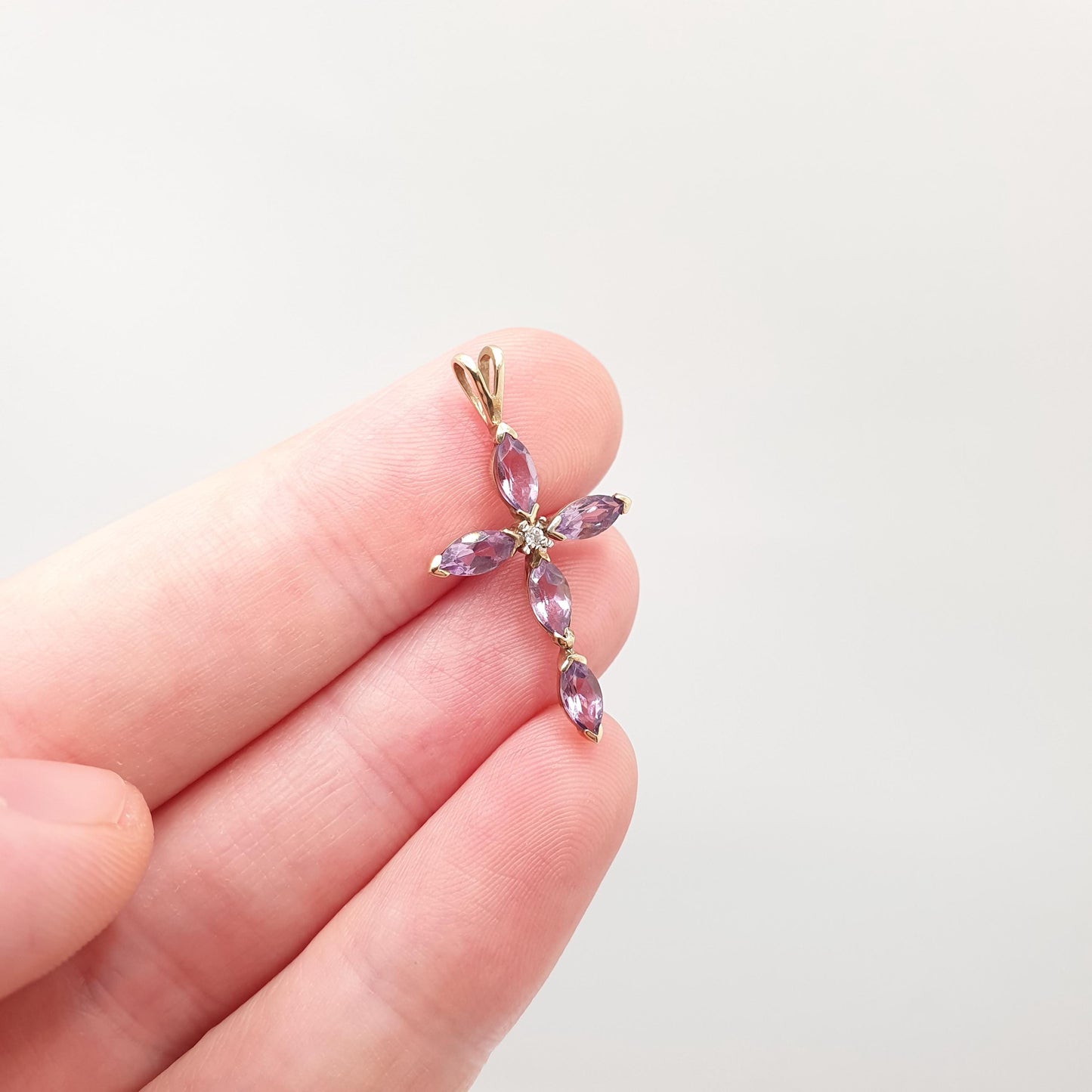 Vintage 9ct 9k Gold Amethyst & Diamond Cross Necklace Crucifix Pendant Solid 9k 375 Retro Genuine Real Gemstone Womens Jewellery Jewelry