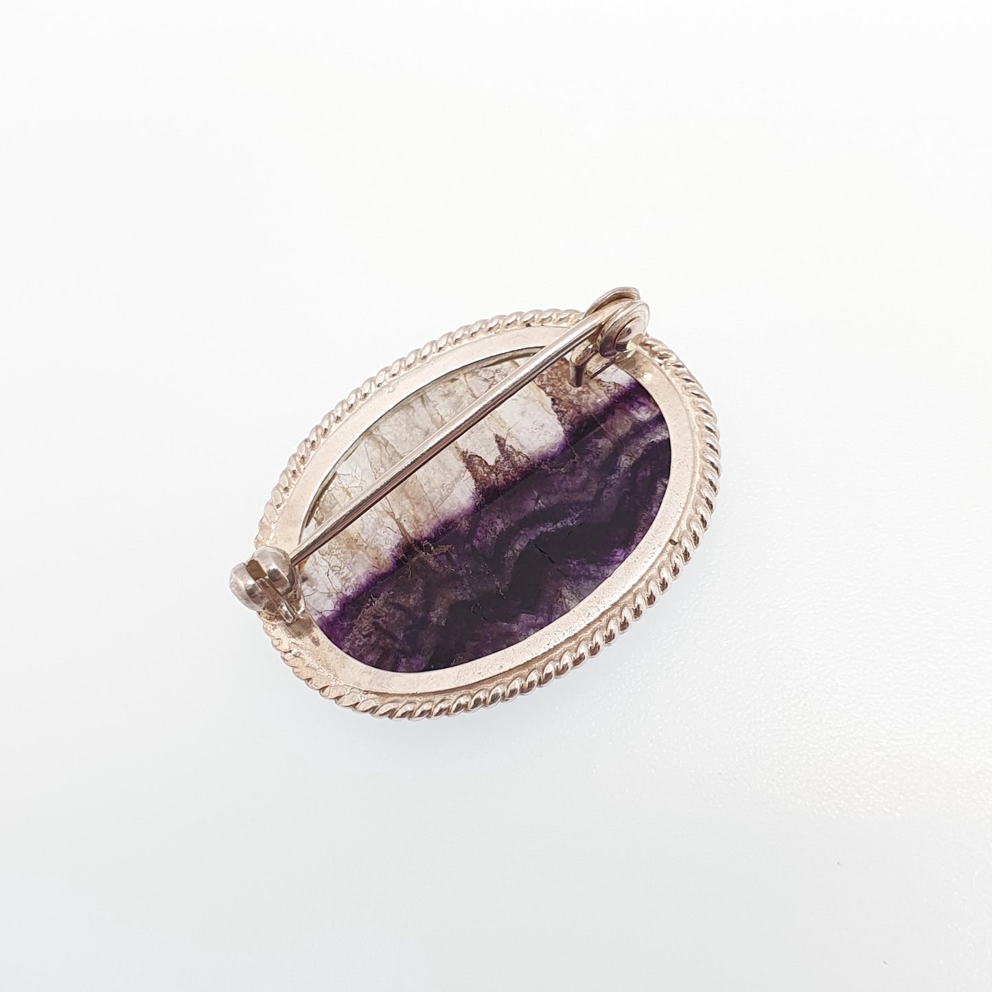 Vintage Sterling Silver Blue John Brooch Large Whole Gemstone Big Fluorite Bleu Jaune Womens Rare Gemstone Jewelry Jewellery Retro