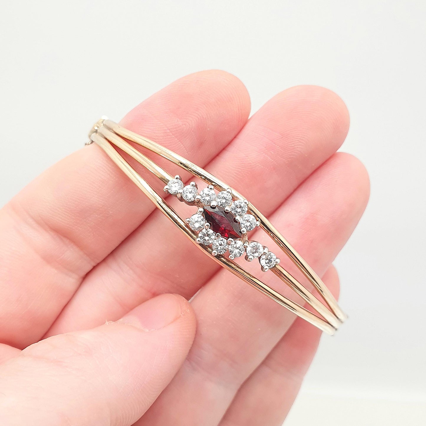 Antique Garnet Paste & Diamond Paste Bangle Rolled Gold Filled Snap Bracelet 1910s Unique Fine Estate Womens Vintage Jewelry Jewellery