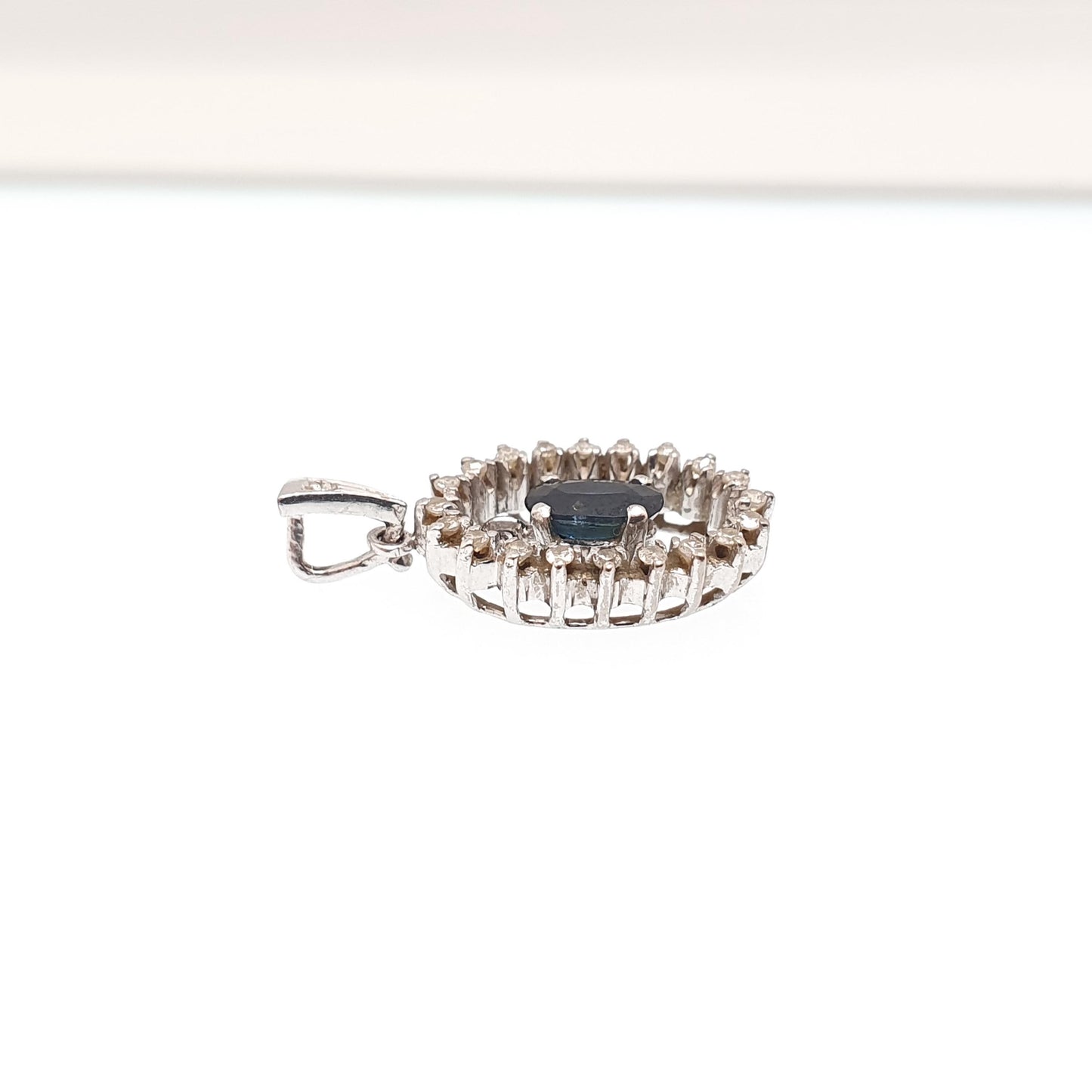 Vintage 14k 585 White Gold Sapphire Diamond Pendant Necklace Oval Cut Blue Gemstone Solid 14ct 14kt Ladies Womens Jewelry Jewellery