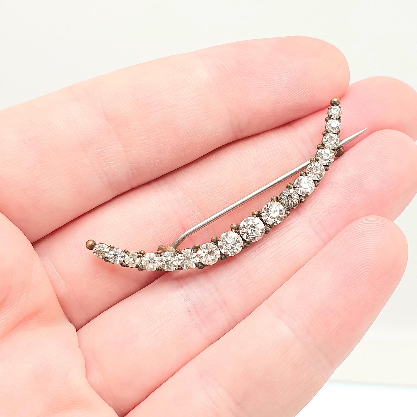 Antique Crescent Moon Diamond Paste Brooch Victorian Gold Tone Sparkly Celestial 1800s Jewelry Jewellery Vintage Moons Costume