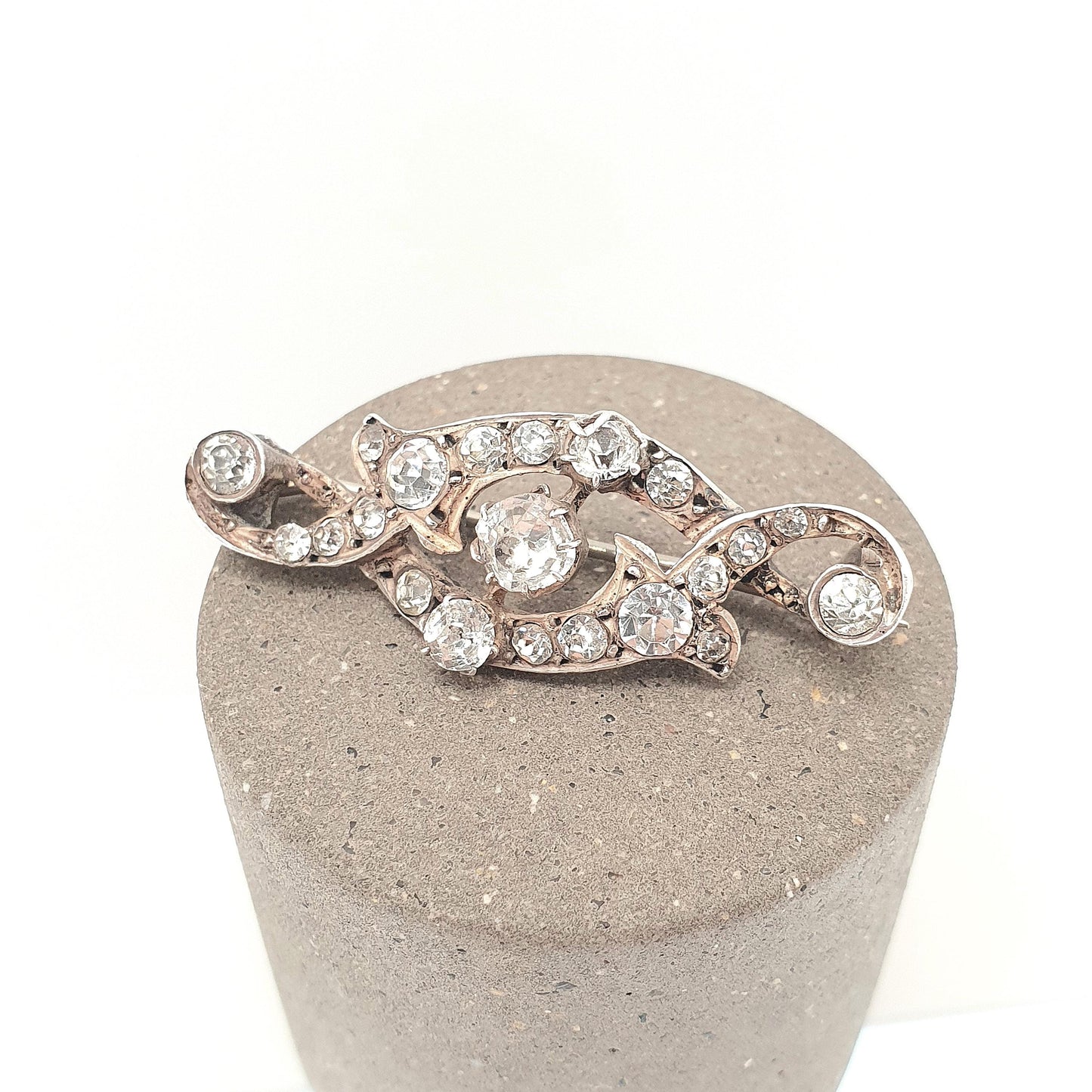 Antique Victorian Solid Silver Diamond Paste Brooch Pin Scroll Art Nouveau Ornate Late 1800s Sparkly Foiled Glass Cute Jewelry Jewellery