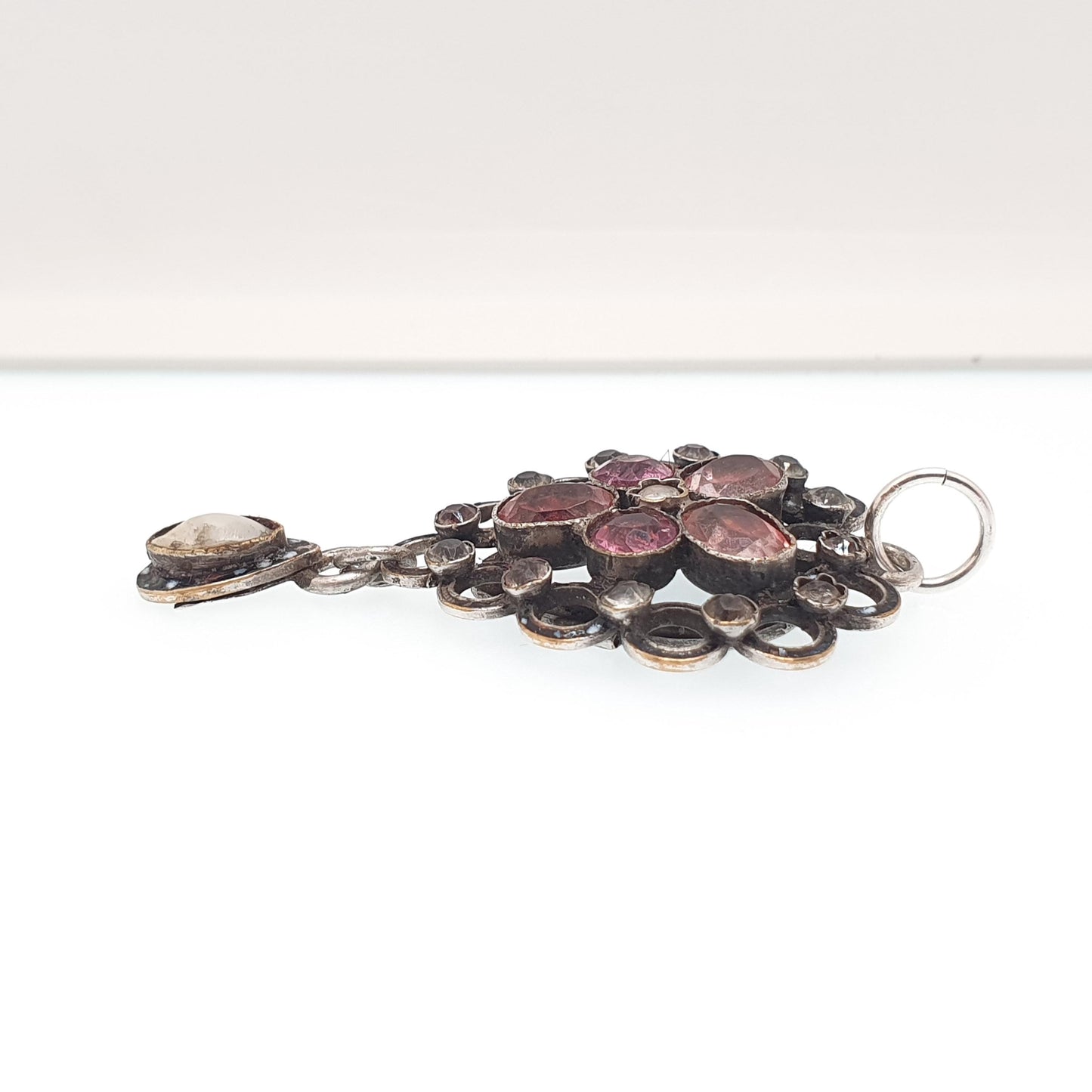 Antique Victorian Pink Paste Pendant Diamond Paste Necklace Silver Plate Mother of Pearl Hanging Openwork Vintage Womens Jewellery Jewelry