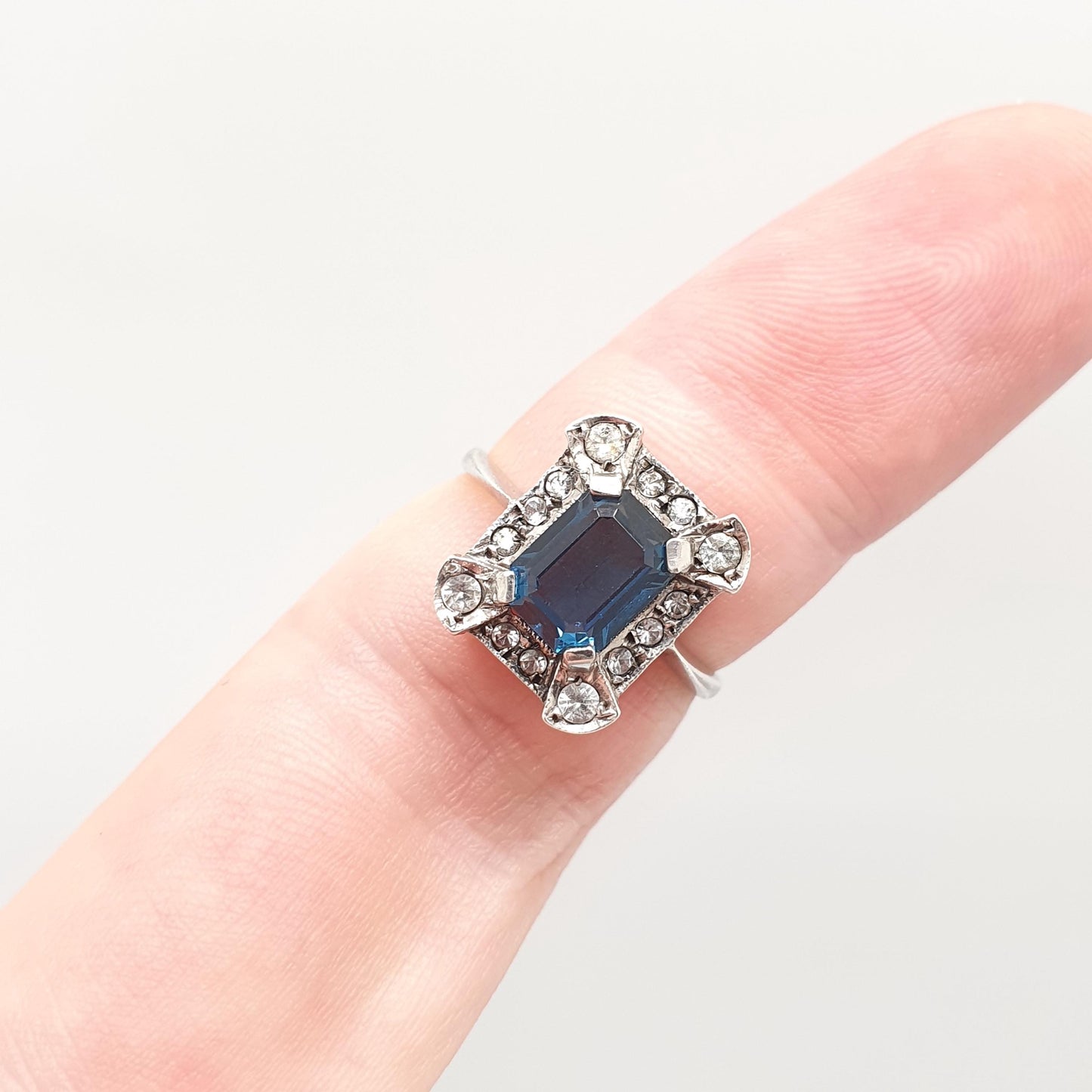 Antique 9ct 9kt Gold Sapphire Paste Ring White Spinel Gemstone Art Deco Cocktail Rectangular Cut Solid Silver Vintage Womens Jewelry