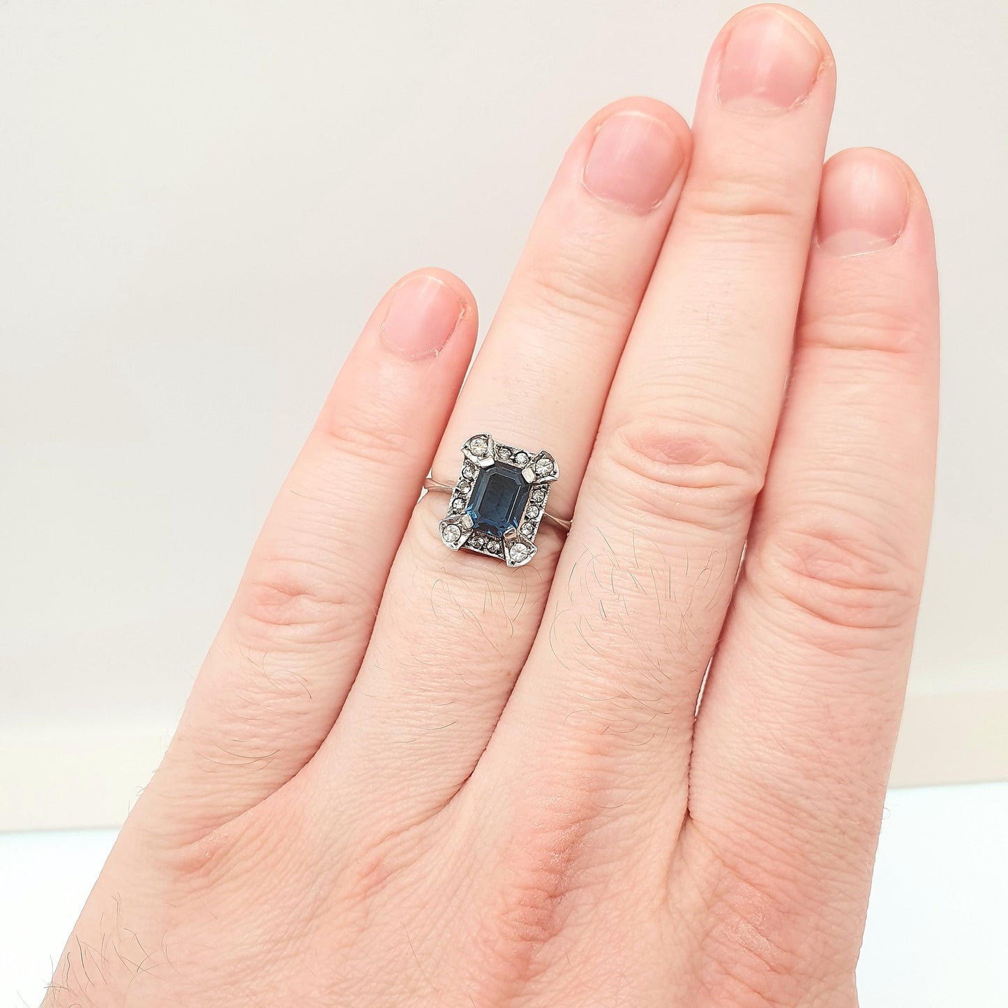 Antique 9ct 9kt Gold Sapphire Paste Ring White Spinel Gemstone Art Deco Cocktail Rectangular Cut Solid Silver Vintage Womens Jewelry