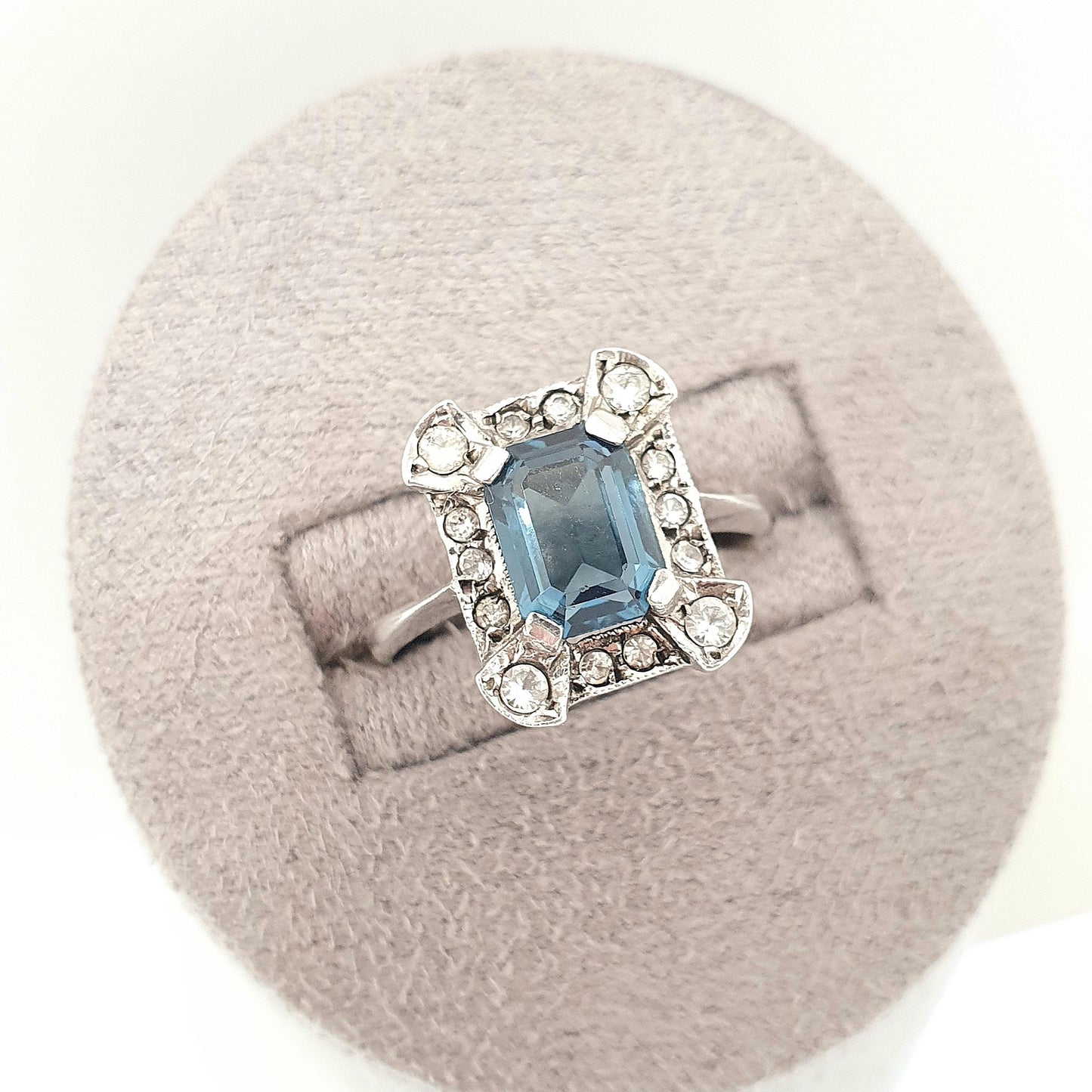 Antique 9ct 9kt Gold Sapphire Paste Ring White Spinel Gemstone Art Deco Cocktail Rectangular Cut Solid Silver Vintage Womens Jewelry