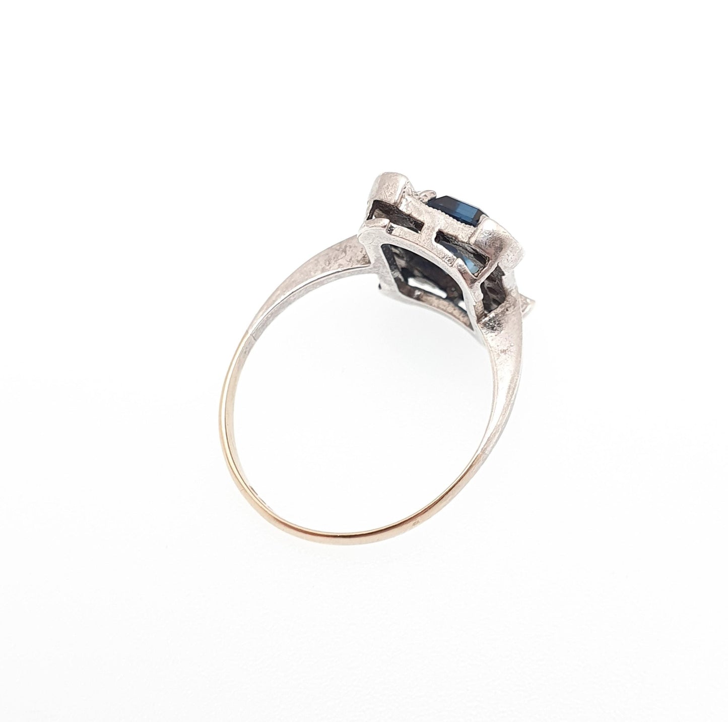 Antique 9ct 9kt Gold Sapphire Paste Ring White Spinel Gemstone Art Deco Cocktail Rectangular Cut Solid Silver Vintage Womens Jewelry