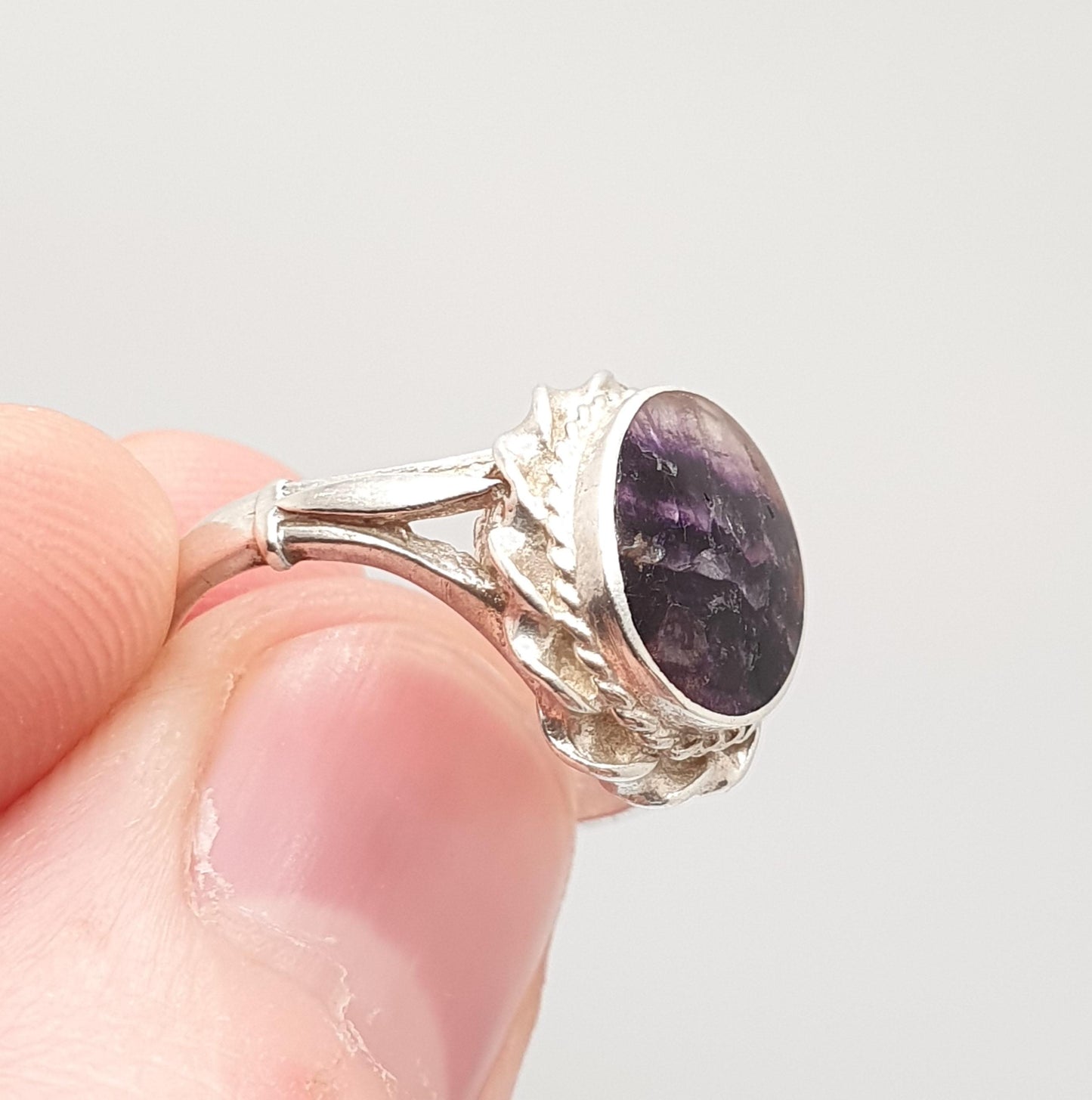 Vintage Blue John Sterling Silver Ring Signet Cabochon Oval Fluorite Bleu Jaune Womens Ladies Retro Oval Rare Gemstone Jewelry Jewellery