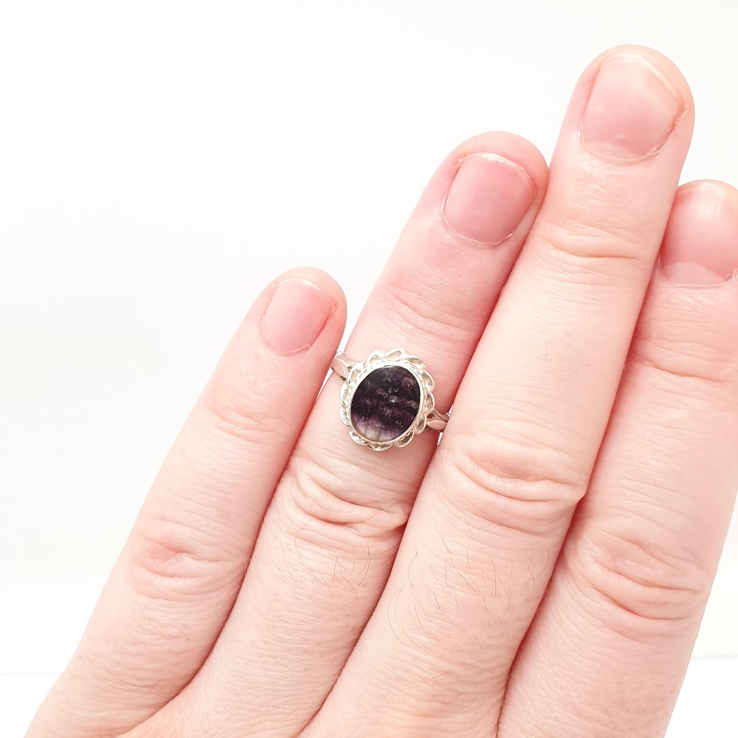 Vintage Blue John Sterling Silver Ring Signet Cabochon Oval Fluorite Bleu Jaune Womens Ladies Retro Oval Rare Gemstone Jewelry Jewellery