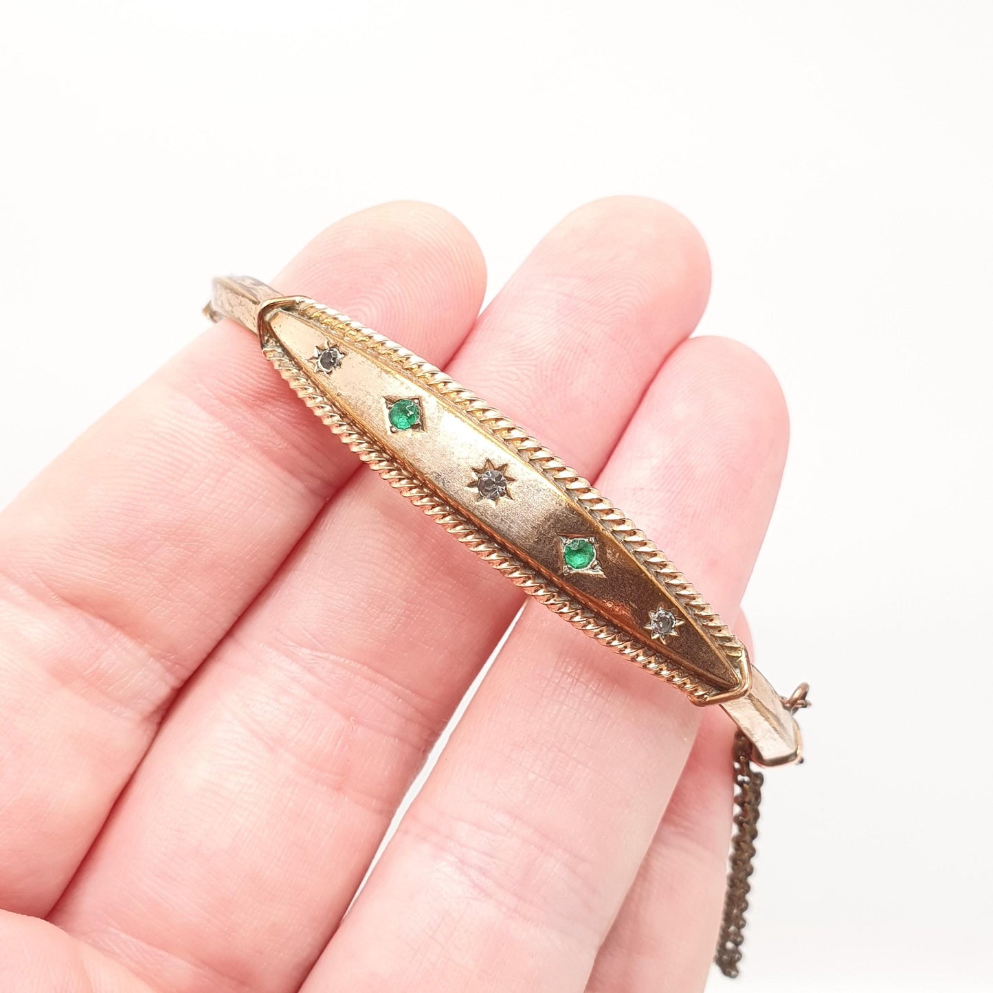 Antique Victorian Rolled Gold Emerald Paste Bangle Snap Bracelet Gold Filled Rare Unique 1800s Ornate Womens Vintage Jewelry Jewellery