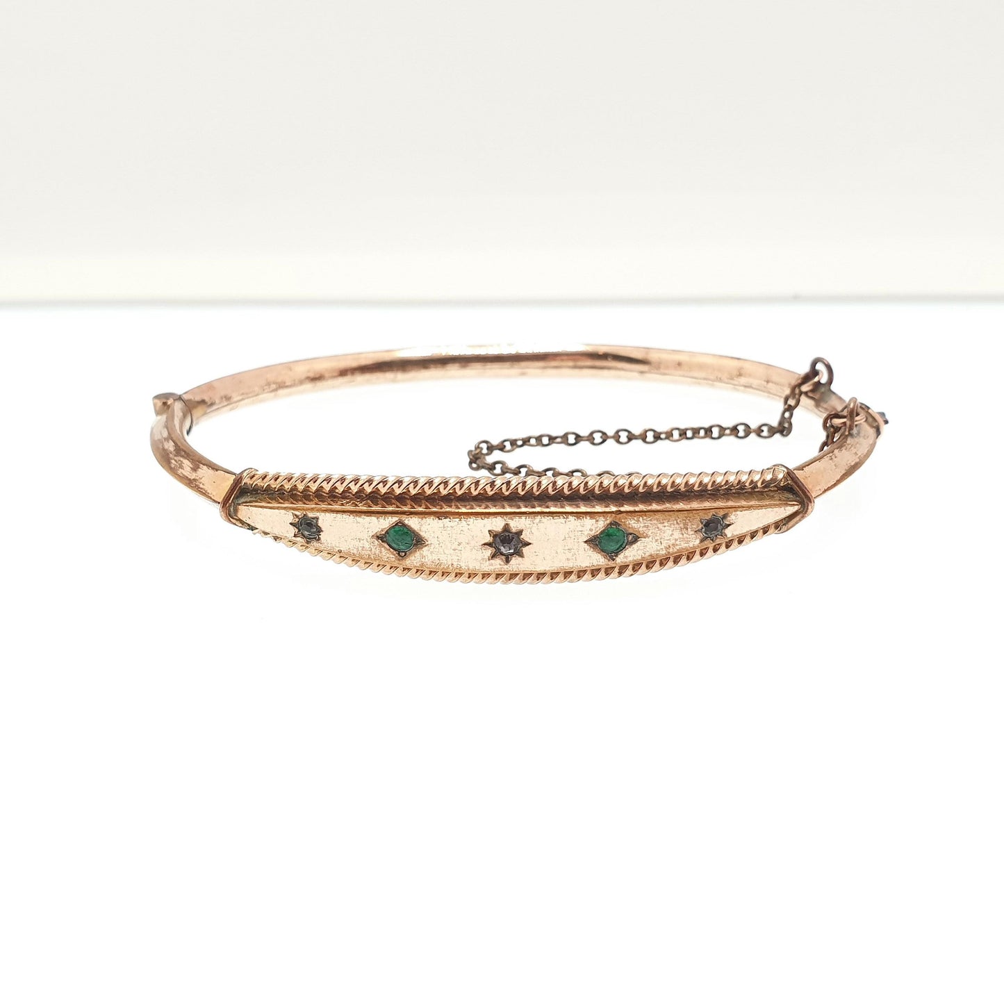 Antique Victorian Rolled Gold Emerald Paste Bangle Snap Bracelet Gold Filled Rare Unique 1800s Ornate Womens Vintage Jewelry Jewellery