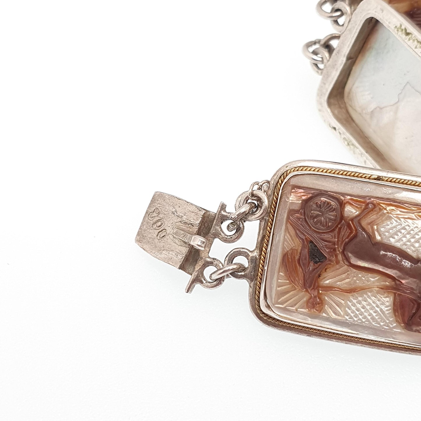 Antique Cameo Solid Silver Bracelet Flying Chariot Rectangular Vintage 1920s Abalone Shell Hand Carved Womens Italian Jewelry Jewellery