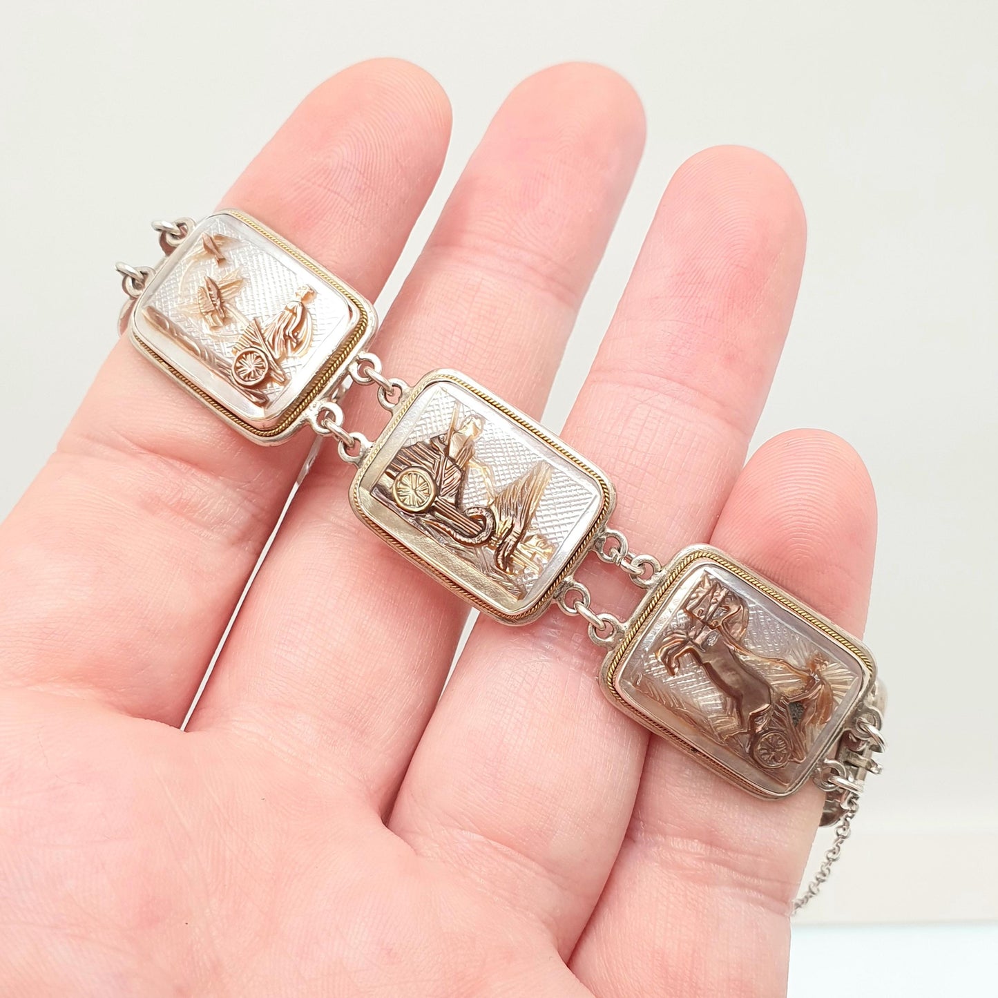 Antique Cameo Solid Silver Bracelet Flying Chariot Rectangular Vintage 1920s Abalone Shell Hand Carved Womens Italian Jewelry Jewellery