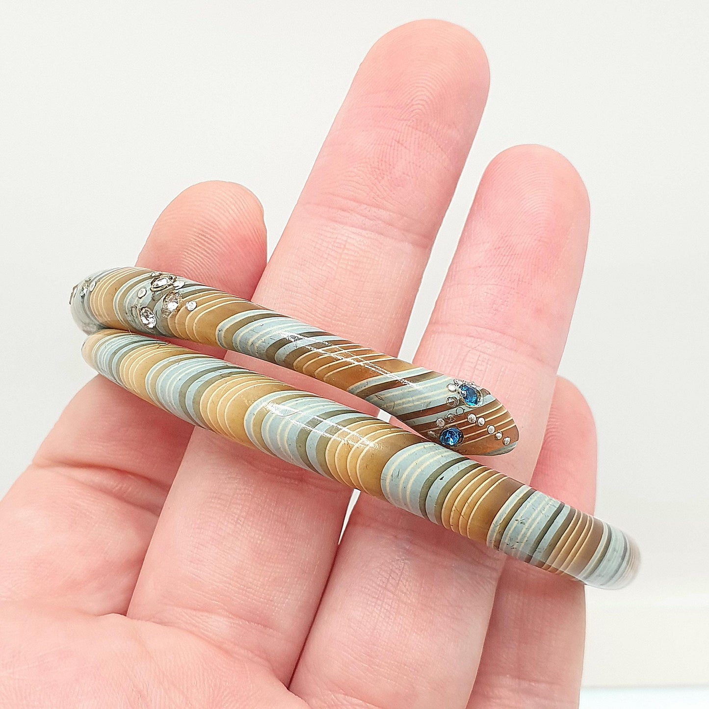 Antique Snake Slave Bangle Bracelet Art Deco Spiral Early Plastic Diamond Paste Green Blue Murano Style Serpent Vintage Jewellery Jewelry