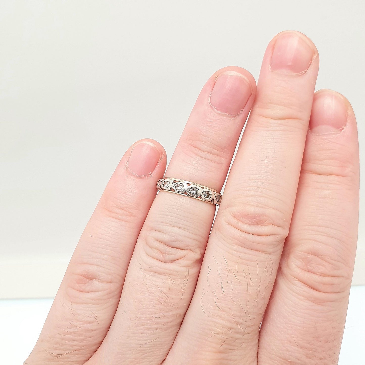 Antique 9ct 9k Gold Sterling Silver Eternity Ring Diamond White Spinel Band Art Deco Fine Estate Sparkly Full Womens Jewelry Jewellery
