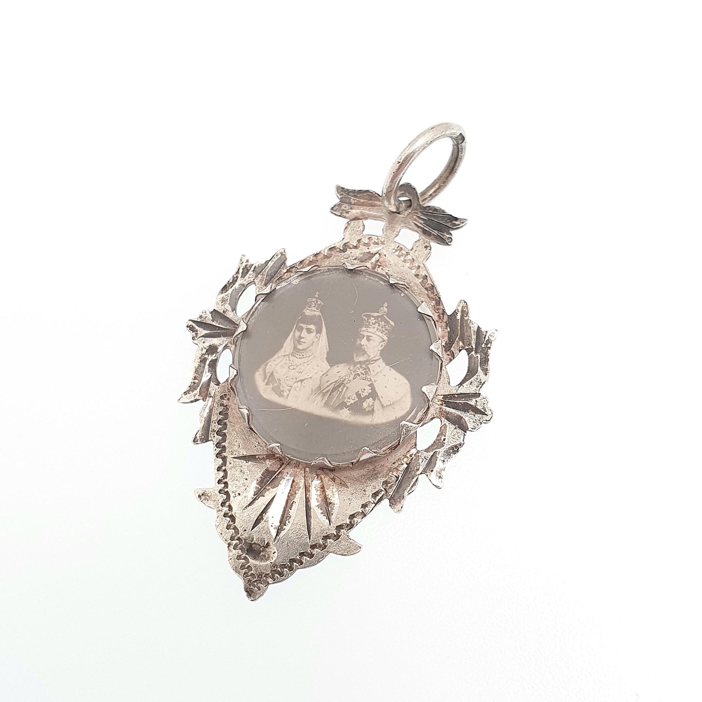 Antique Sterling Silver Kind Edward VII Albert Fob Pendant Queen Alexandra Denmark Coronation Picture Photo Necklace Jewelry Jewellery