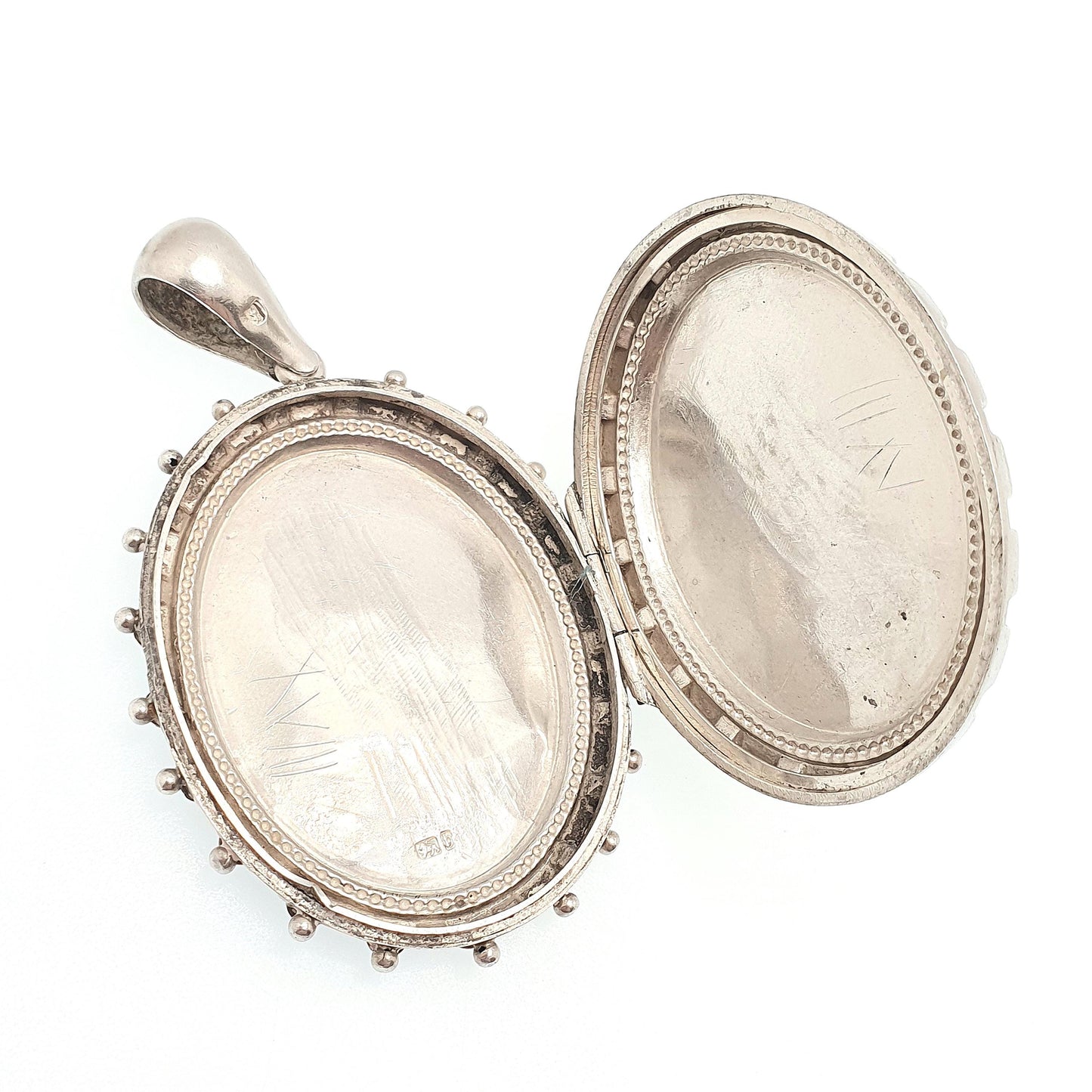 Antique Victorian Sterling Silver Locket Star Border Geometric Beaded 1882 Hallmark Pendant Picture Photo Etruscan Vintage Jewelry Jewellery