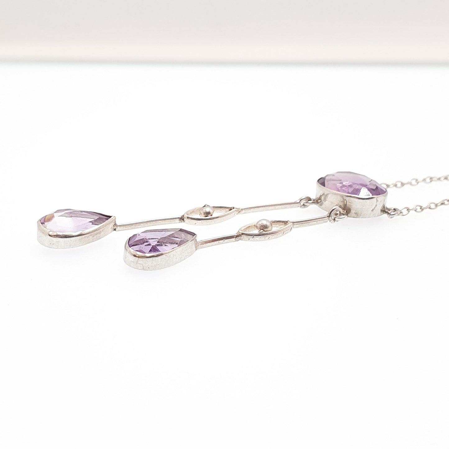 Antique Solid Silver Amethyst Negligee Necklace Lavalier Lariat Art Nouveau Natural Gemstones Hanging Pendant Womens Jewelry Jewellery