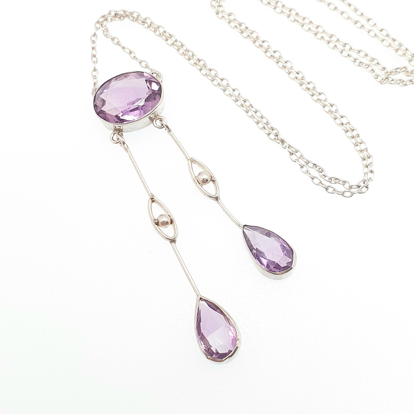 Antique Solid Silver Amethyst Negligee Necklace Lavalier Lariat Art Nouveau Natural Gemstones Hanging Pendant Womens Jewelry Jewellery