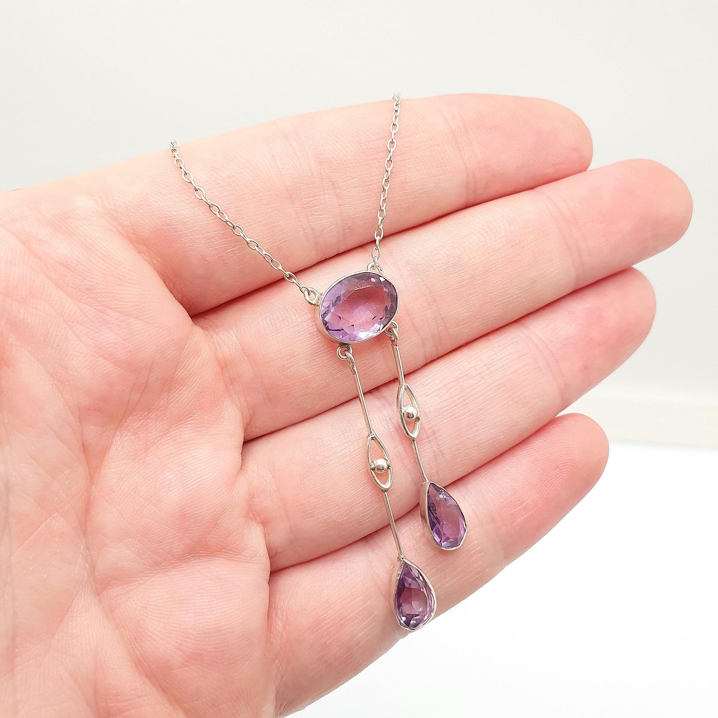 Antique Solid Silver Amethyst Negligee Necklace Lavalier Lariat Art Nouveau Natural Gemstones Hanging Pendant Womens Jewelry Jewellery