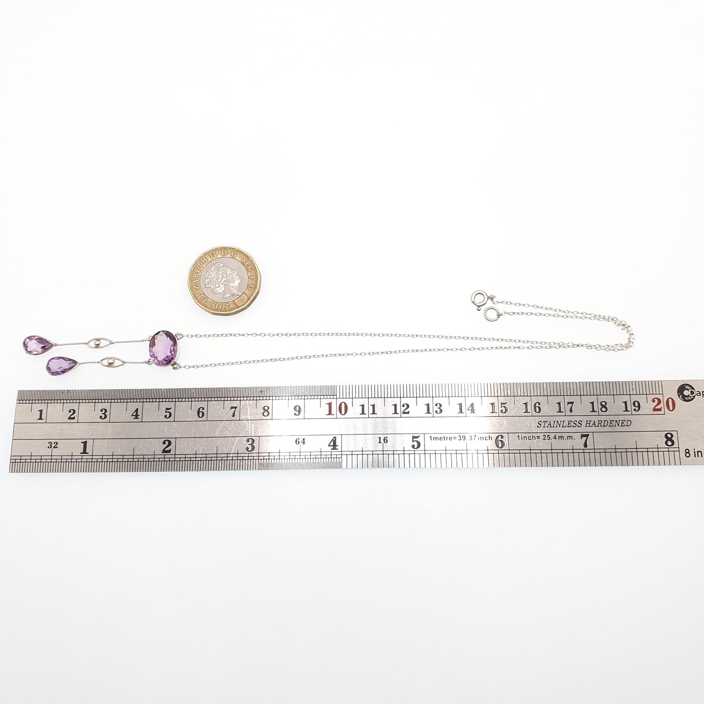 Antique Solid Silver Amethyst Negligee Necklace Lavalier Lariat Art Nouveau Natural Gemstones Hanging Pendant Womens Jewelry Jewellery