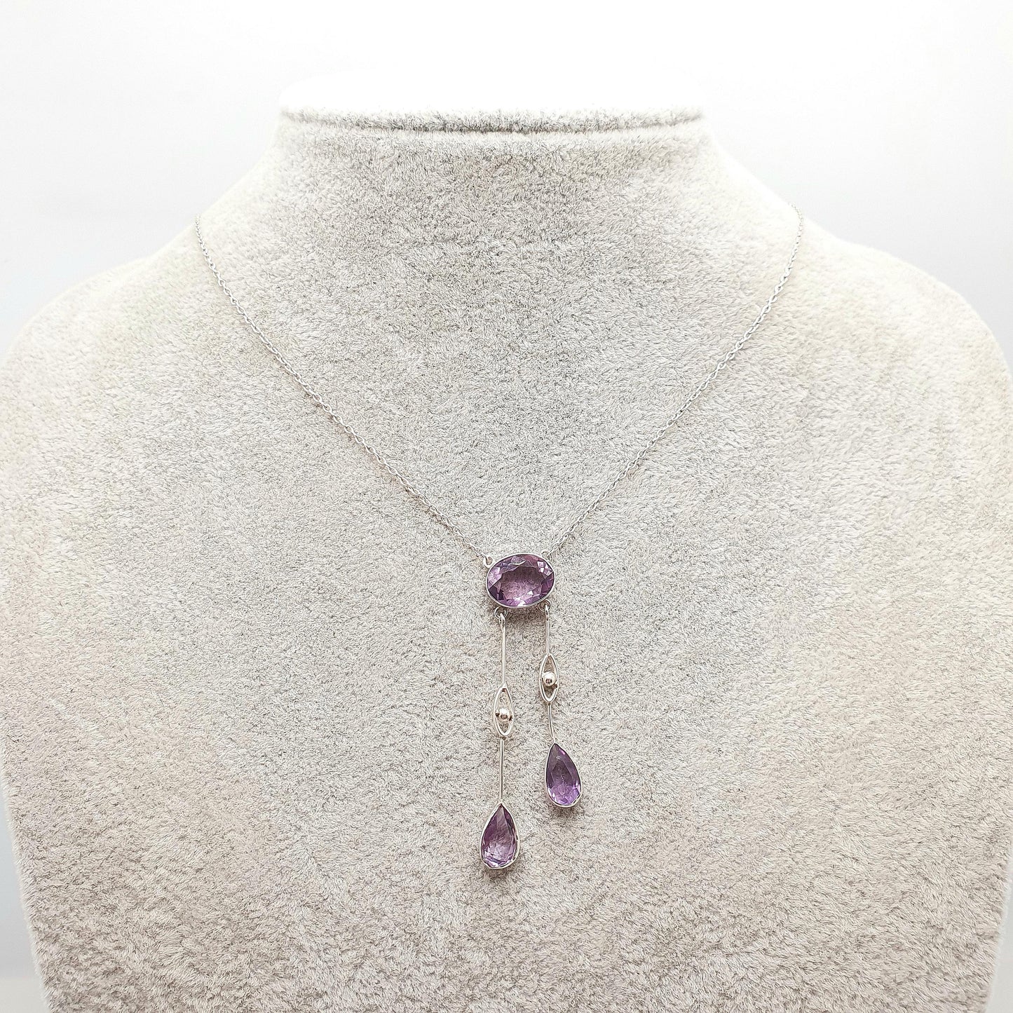 Antique Solid Silver Amethyst Negligee Necklace Lavalier Lariat Art Nouveau Natural Gemstones Hanging Pendant Womens Jewelry Jewellery