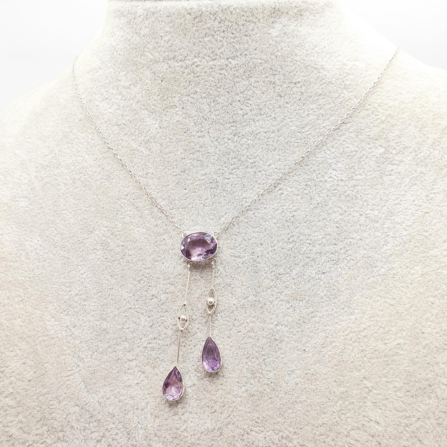 Antique Solid Silver Amethyst Negligee Necklace Lavalier Lariat Art Nouveau Natural Gemstones Hanging Pendant Womens Jewelry Jewellery