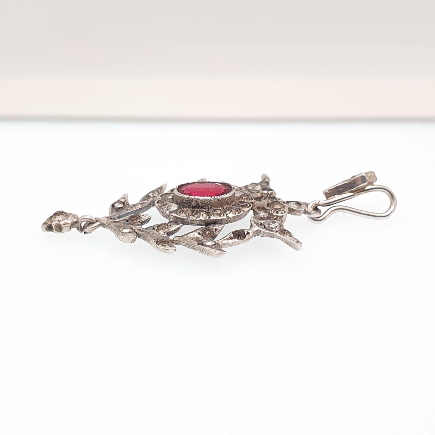 Antique Solid Silver Ruby Diamond Paste Pendant Art Nouveau Necklace Oval Cut Hanging Rare Fine Vintage Womens Jewellery Jewelry