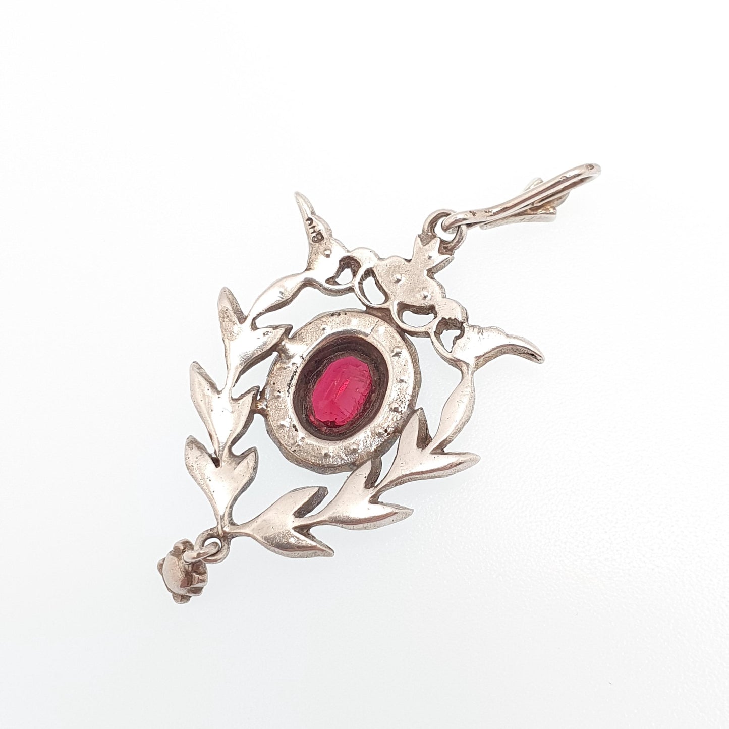 Antique Solid Silver Ruby Diamond Paste Pendant Art Nouveau Necklace Oval Cut Hanging Rare Fine Vintage Womens Jewellery Jewelry